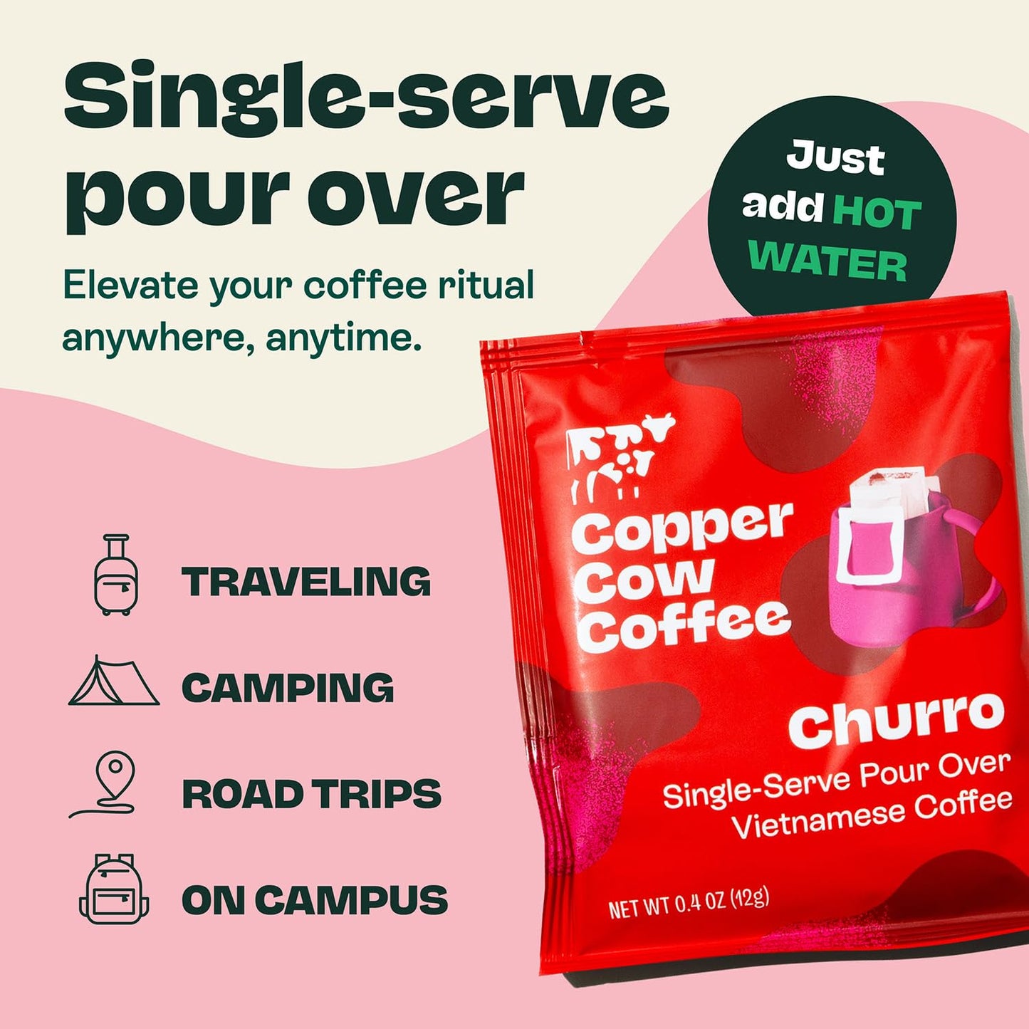 Copper Cow Premium Pour Over Single-Serve Vietnamese Coffee | Churro | Dark Roast | Flavored with Real Cinnamon | Includes 8 Coffees