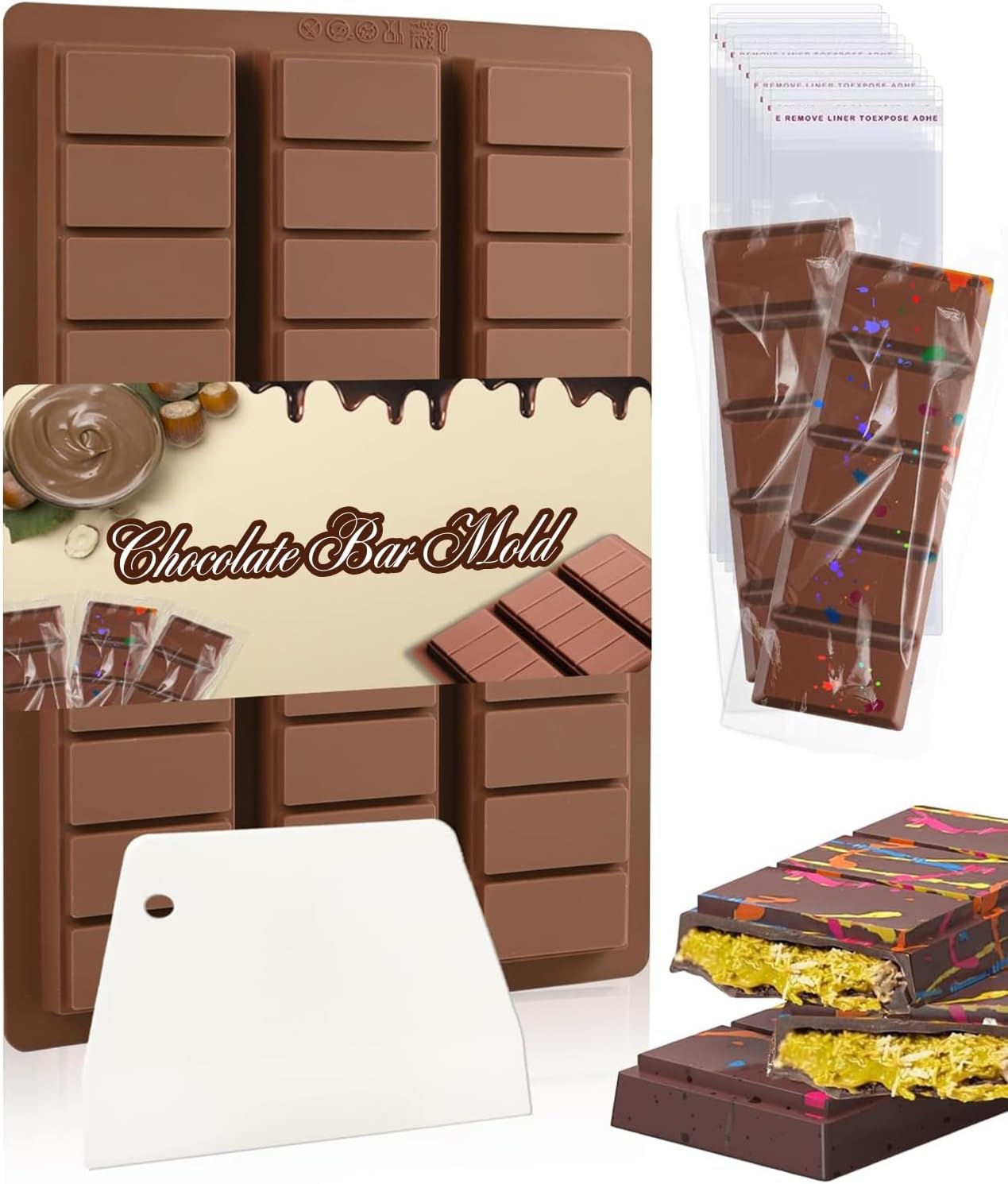 Chocolate Bar Mold, Silicone Thick Chocolate Bar Molds for Dubai Chocolate Bar Pistachio, Break Apart Candy Bar Mold for Stuffed Bars Knafeh Chocolate Bar Kit