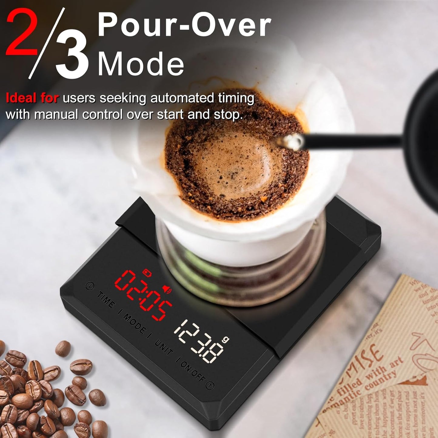 Fuzion Mini Coffee Scale with Timer - Espresso Scale Rechargeable 2kg x 0.1g Accuracy, 3-Mode Timer, LED Display, Digital Coffee Scale for Pour-Over, Espresso, Kitchen Use