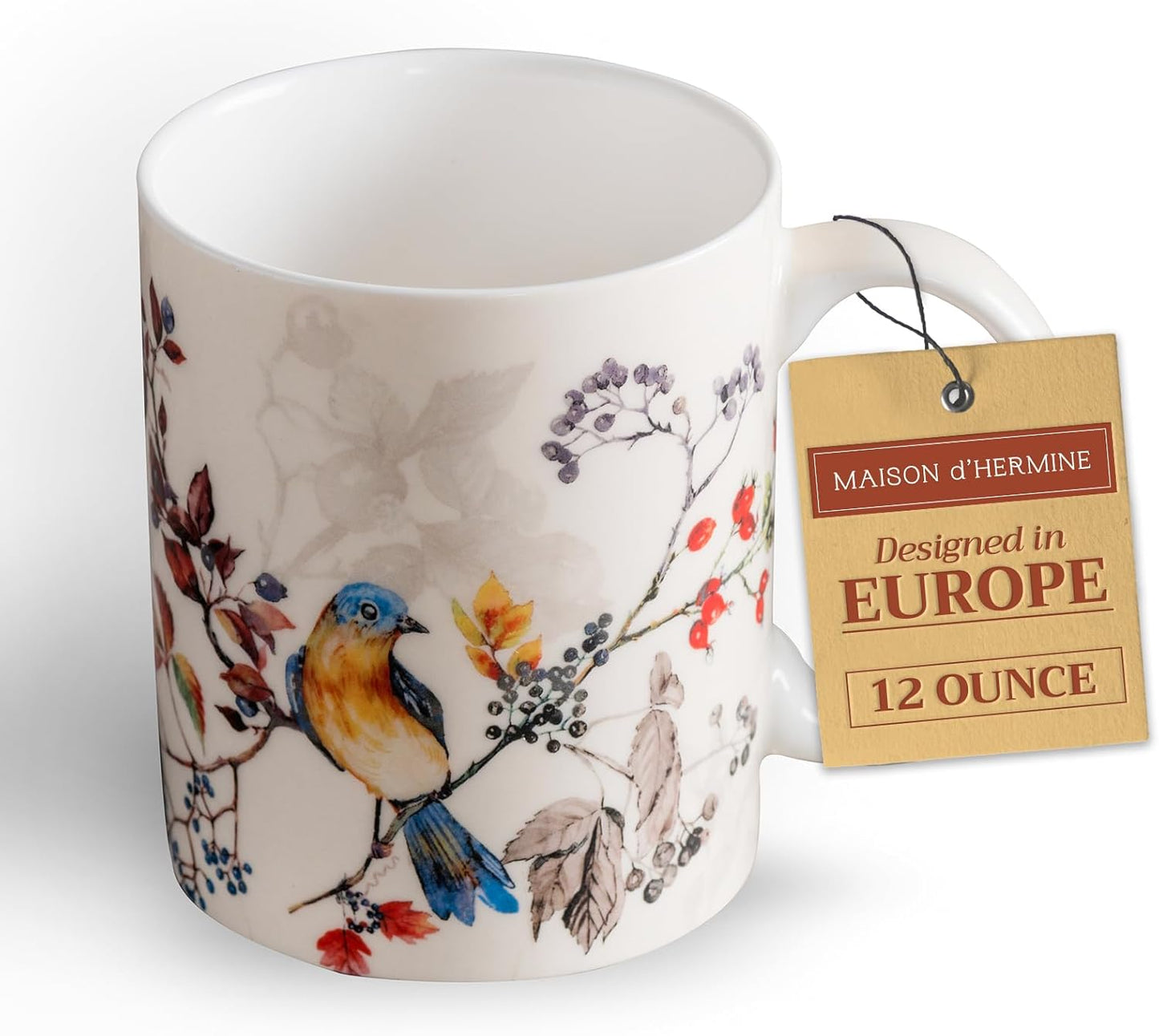 Maison d' Hermine Coffee Mug with Handles Fine Bone China Mugs Pack of One Tea Cups for Hot Beverages Cappuccino Latte Home Restaurant Office Perfect for Gift (Equinoxe - Beige Sparrows, 12 Ounce)