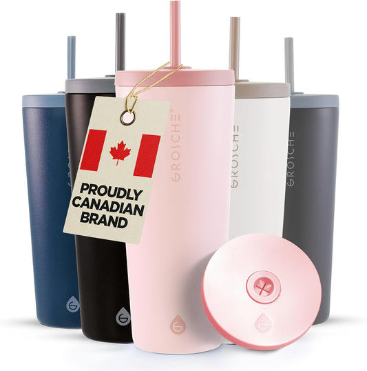 GROSCHE Jasper Insulated Stainless Steel Tumbler With Straw – Travel Cup with Lid, Extreme Insulation & Sleek Design, 23 oz - Pink
