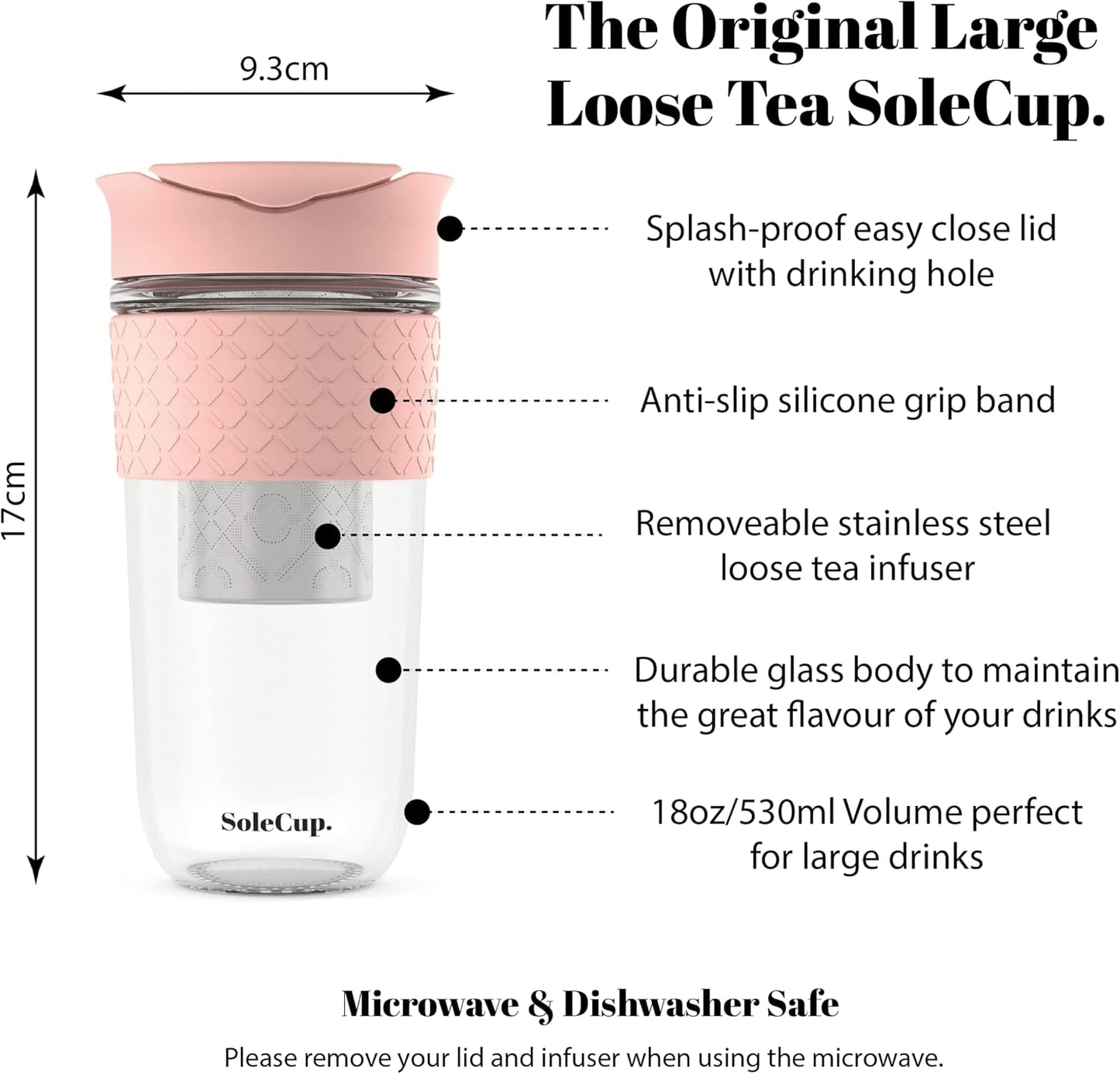 Large Travel Mug Loose Tea Infuser - Detachable Tea Strainer with Spill Proof Lid - 18oz/530ml BPA-Free Reusable Glass Travel Coffee Cup with Silicone Band (Pink) (Pink)