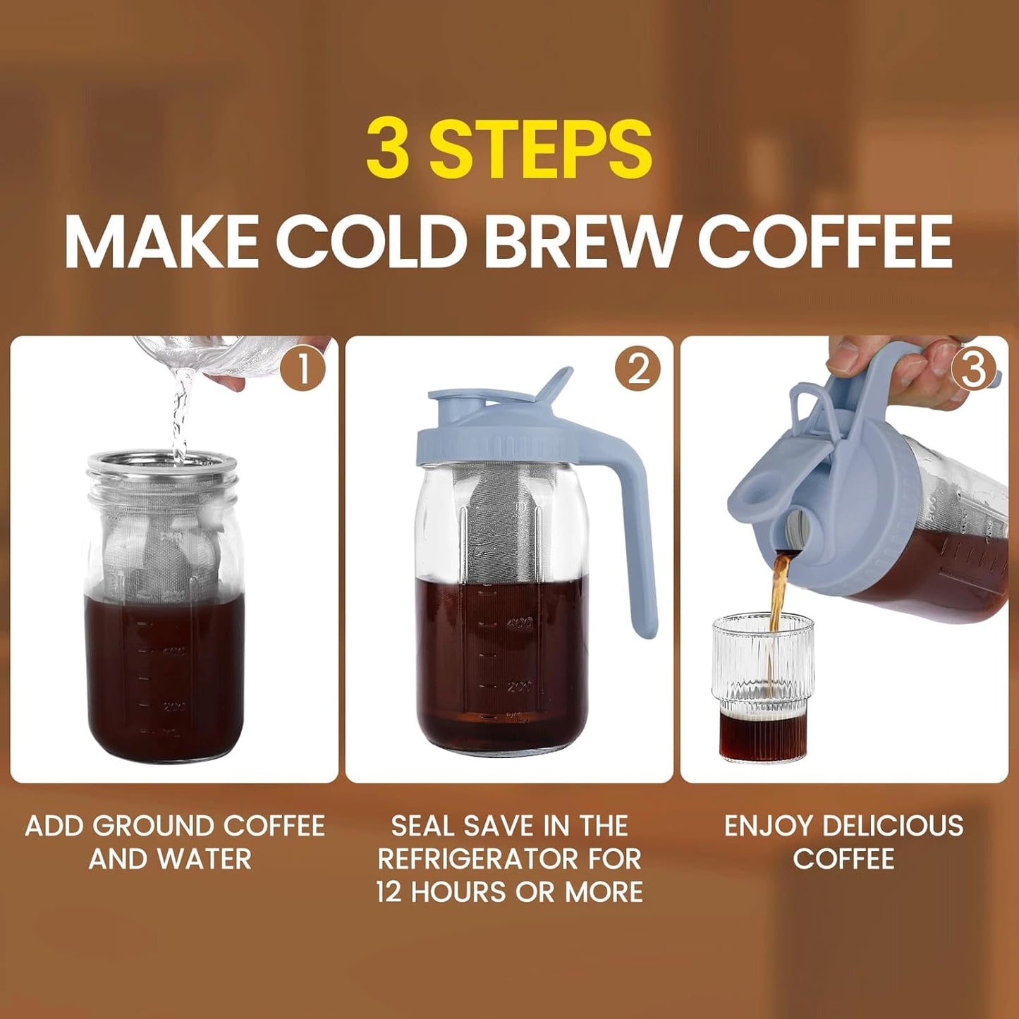 Cold Brew Coffee Maker,32 oz Mason Jar Pitcher with Stainless Steel Filter, Pour Spout Handle Lid, Heavy Duty Glass Airtight & Leak-Proof Pitcher for iced coffee Tea Lemonade-Gray