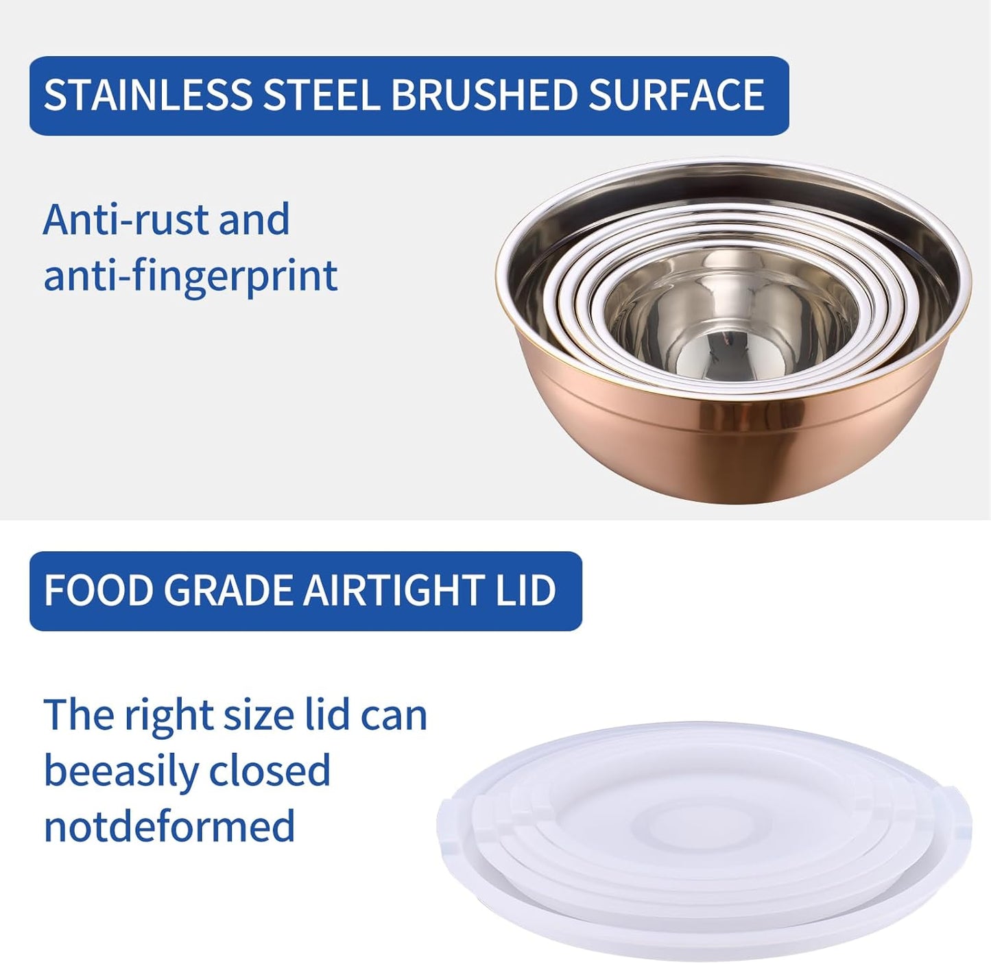 Rose Gold Mixing Bowls With Airtight Lids,Stainless Steel Bowl,Salad Bowls 5 Piece Colorful Nesting Bowl Rose Gold Kitchen Accessories,Size 5.5,3.6,2.7,2.1,1.5QT Stackable Design