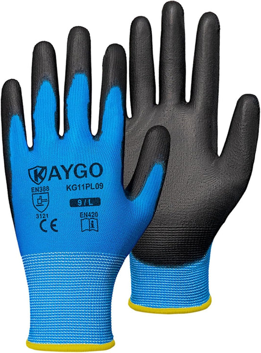 KAYGO Safety Work Gloves PU Coated-60 Pairs Seamless Knit Glove with Polyurethane Coated Smooth Grip on Palm & Fingers, for Men and Women, Ideal for General Duty Work, KG11P (L,Blue)