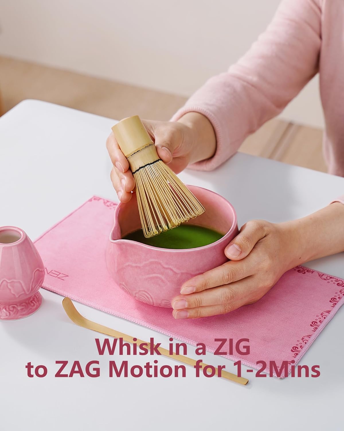 ZENS Matcha Whisk Set, 6pcs Matcha Set Pink Includes 15oz Ceramic Bowl and Bamboo Whisk (Chasen Holder) Scoop, 304 Sifter & Pink Tea Mat, Japanesse Matcha Kit for Matcha Latte-Making