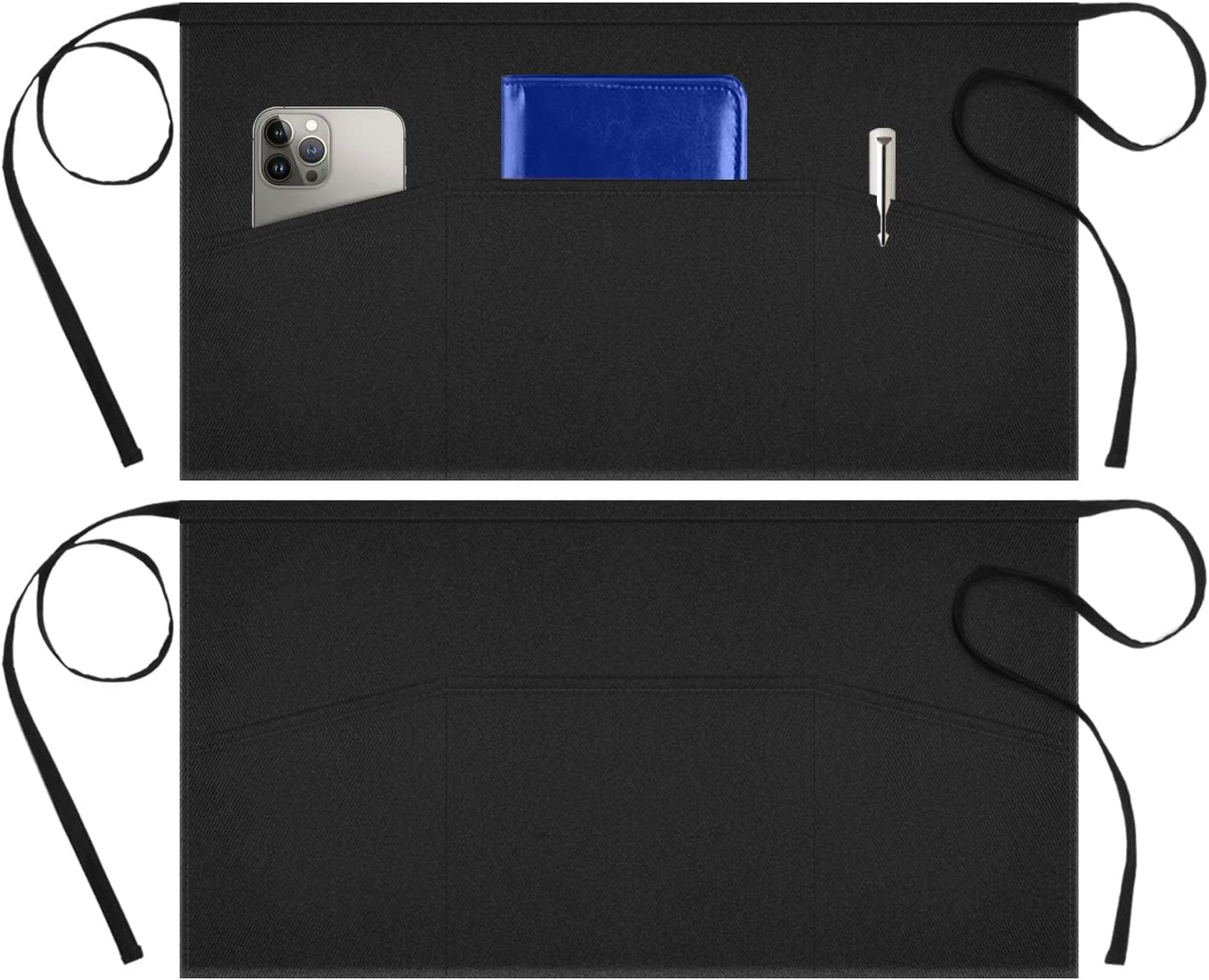 Syntus 2 Pack Server Apron with 3 Pockets, Waterdrop Resistant Waitress Waiter Waist Apron, 11.5-inch Black