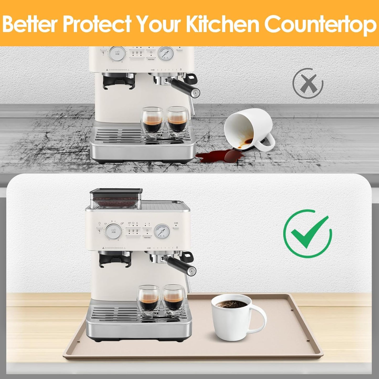 Silicone Coffee Maker Mat with Lip, 19.7'' x 15'' Heavy Duty Coffee Maker Mat for Countertops, Coffee Tray Fit Under Coffee Machine Appliance Automatic Machines Espresso Accessory, Khaki