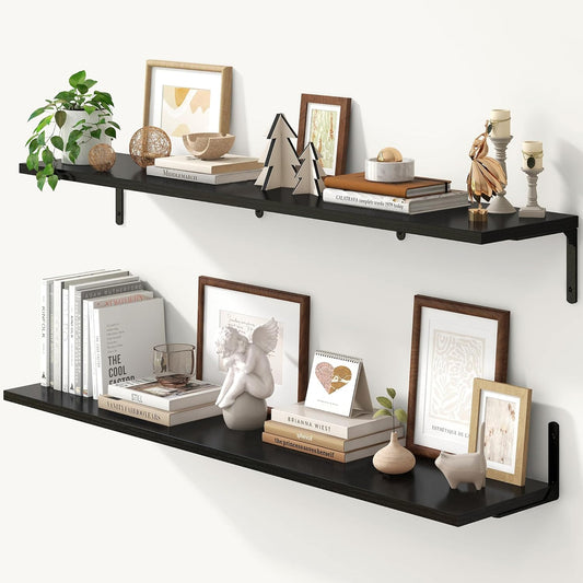 Fun Memories Deep Floating Shelves, 48W x 8D Floating Shelves Set of 2, Wall Mounted Shelf with Metal Brackets, Rustic Wood Wall Shelf for Bathroom, Kitchen and Living Room, Black