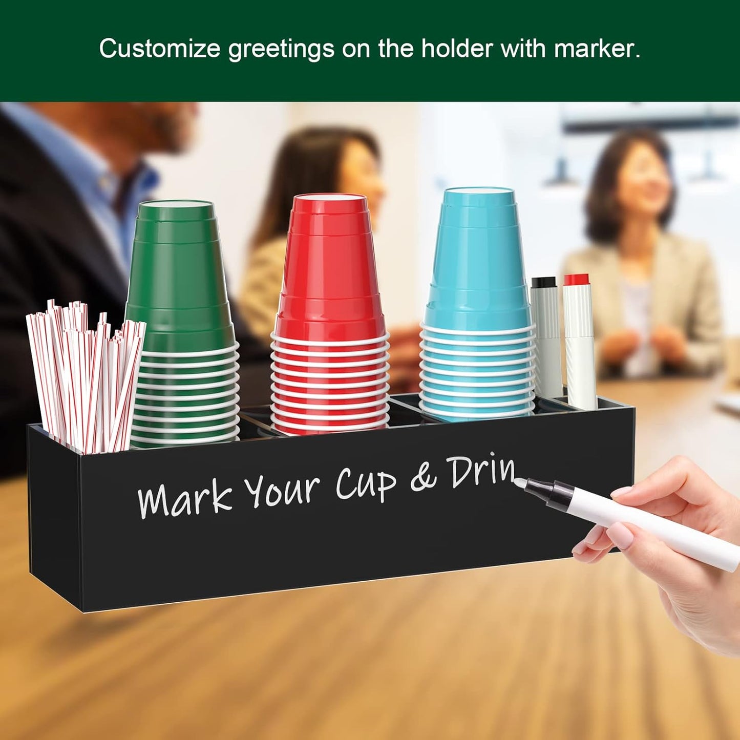 Triple Cup Holder with Marker Slot, Party Cup Dispenser Acrylic Cup Organizer Mark Your Cup and Drink Up Caddy Modern Bar Counter Decor, Black