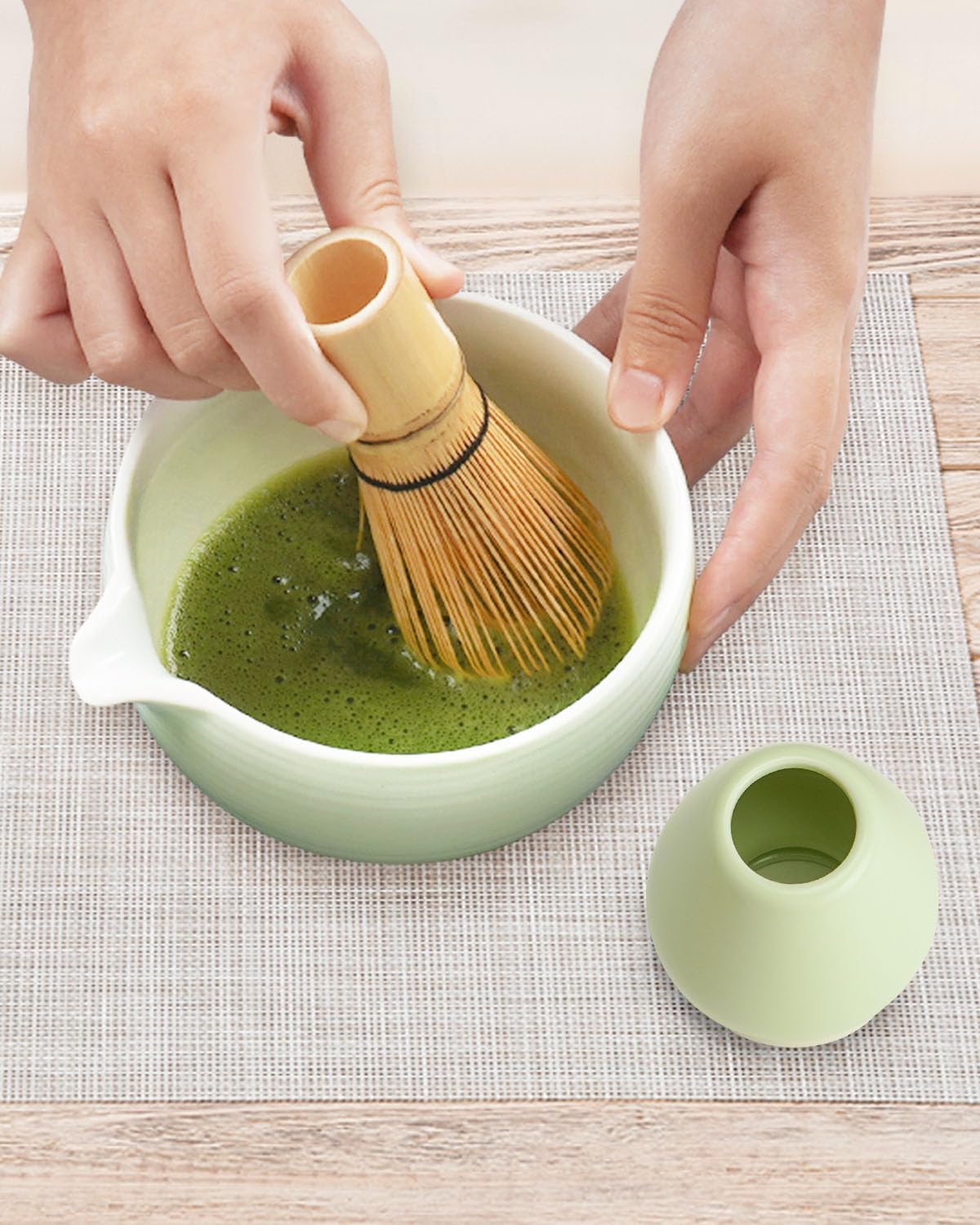 Matcha Bowl and Whisk Holder Set, Ceramic Tea Bowl and Whisk Stand, Matcha Tea Mixing Bowl with Spout (18 Ounce), Whisk Rest, Light Green
