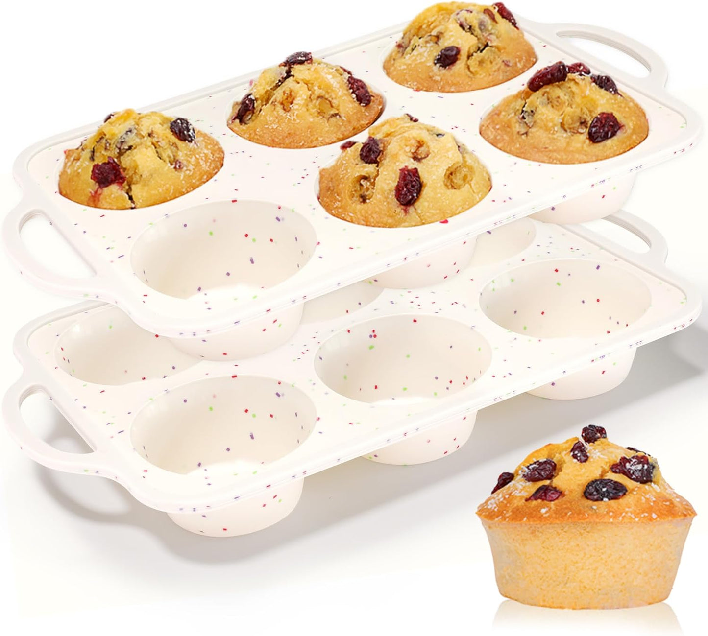 Large Muffin Pan, Metal Reinforced Frame 3.5 Inch Jumbo Silicone Muffin Pan Nonstick 6 Cups for Baking Jumbo Muffin, Frittatas, Jumbo Cupcakes 2 Pack Confetti