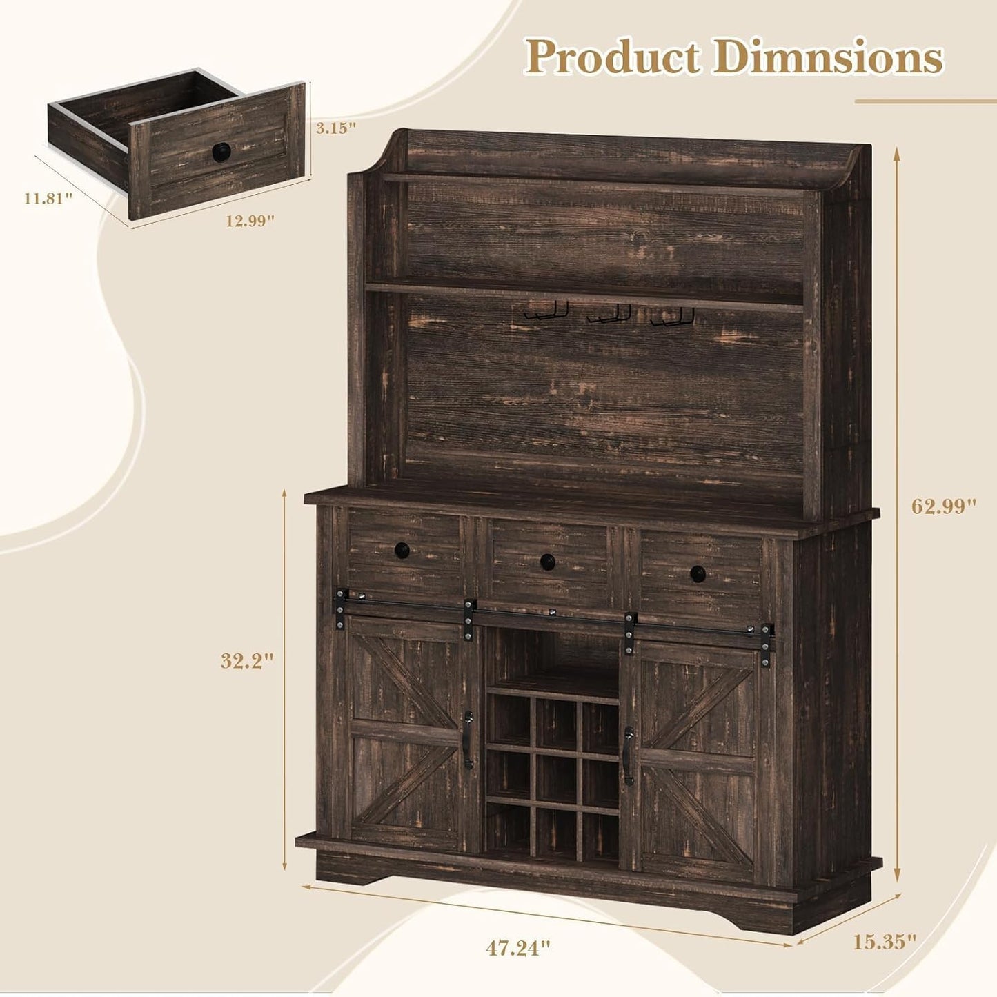 63 Inch Tall Coffee Bar Cabinet with 3-Tier Storage, Kitchen Hutch with 3 Drawers, Farmhouse Coffee Bar with 9 Racks & 3 Glass Holders, Wine Bar Cabinet for Living Dining Room, Oak