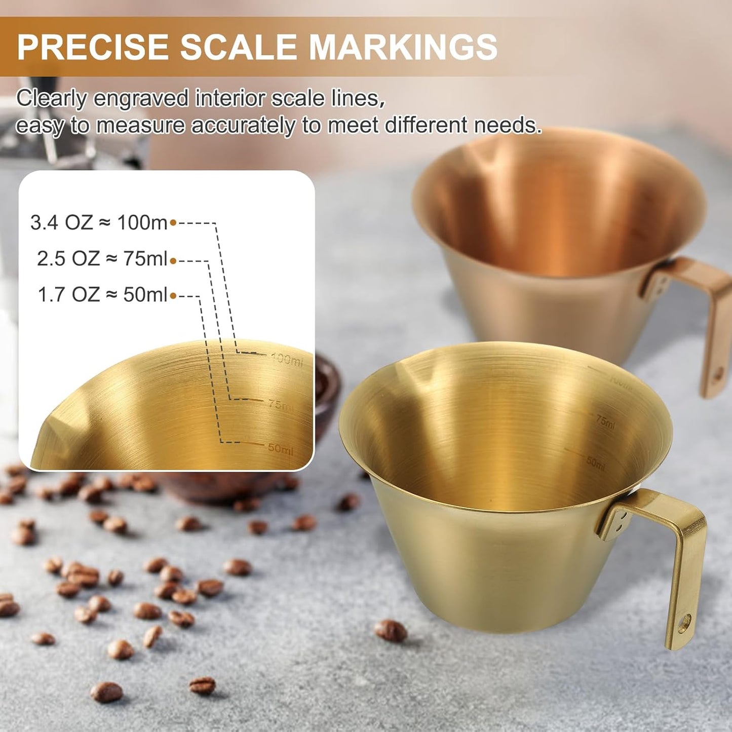 uxcell 1 Pcs Stainless Steel Espresso Cup with Handle, V-Shaped Mouth Espresso Measuring Cup with Scale for Preparing Coffee, Cocktails, 3.4OZ/100ML (Gold)
