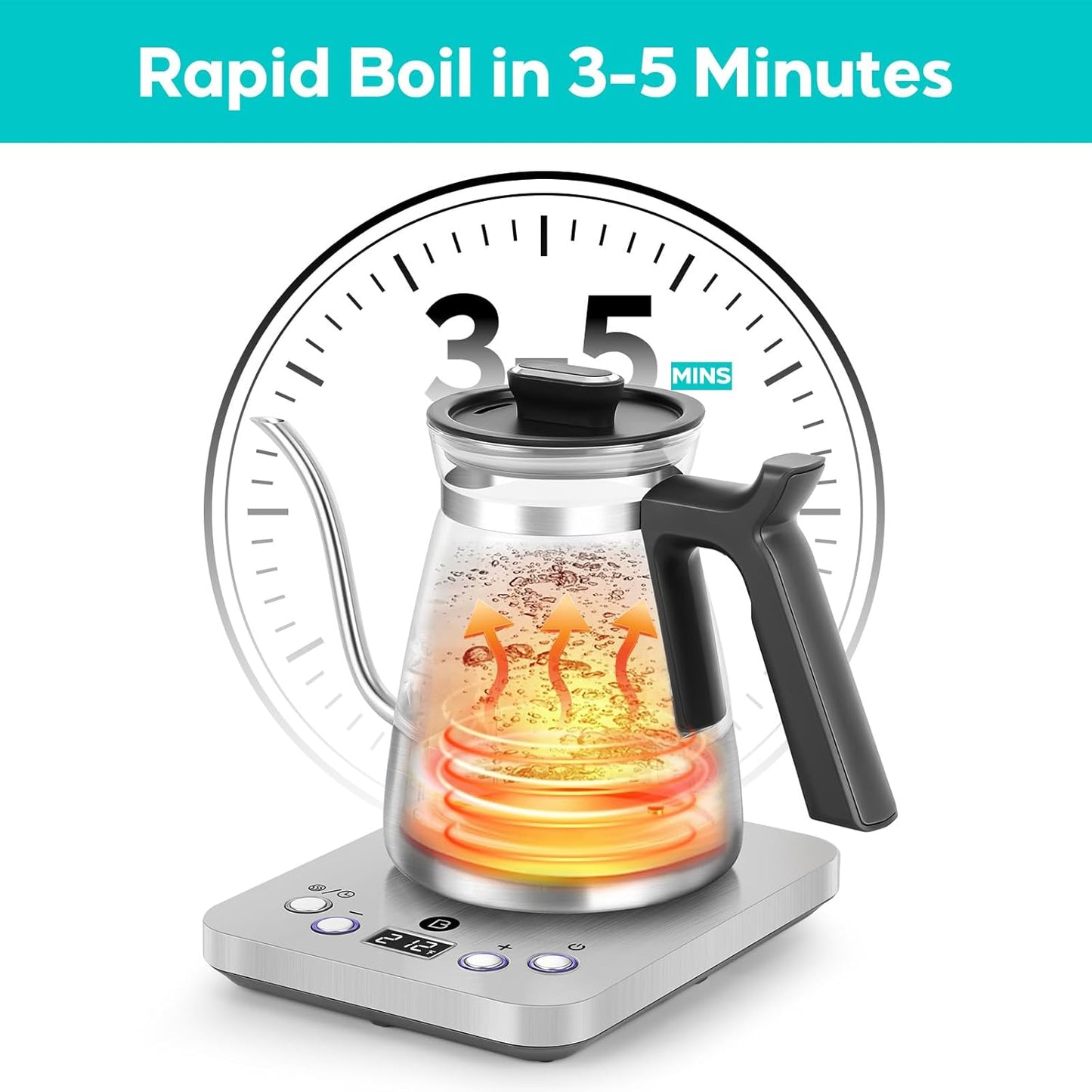 CASABREWS KEG5831 Gooseneck Electric Kettle, Stainless Steel Glass with Temperature Control & Reservation Time Function, Pour Over Kettle for Coffee & Tea, Fast Boiling, Auto Shut-Off, 1200W/0.8L