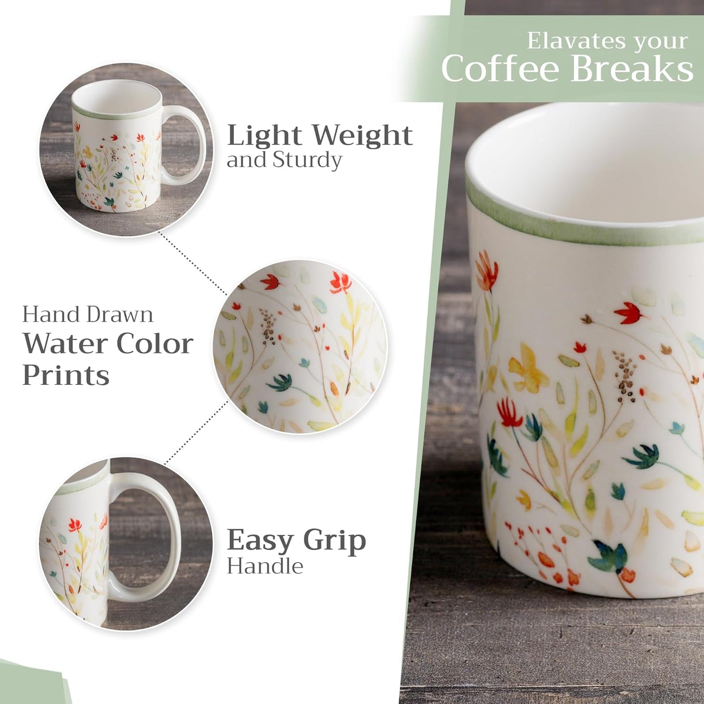 Maison d' Hermine Coffee Mug with Handles Fine Bone China Mugs Pack of One Tea Cups for Hot Beverages Cappuccino Latte Home Restaurant Office Perfect for Gift (Colmar - Green, 15 Ounce)