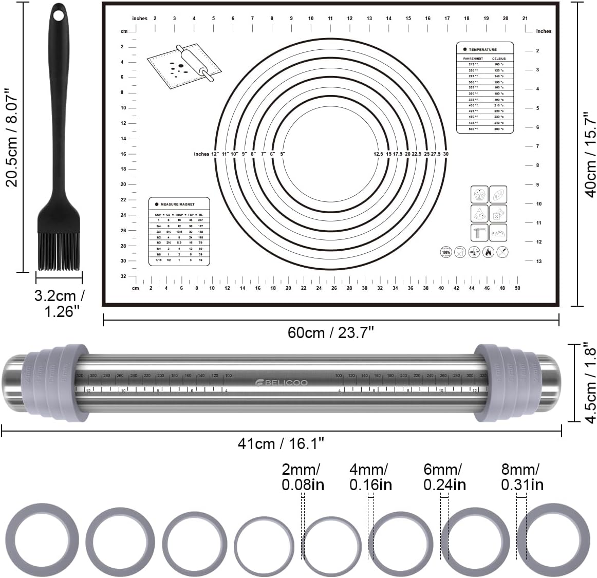 Rolling Pin and Silicone Pastry Mat Set, Adjustable Stainless Steel Dough Roller Pin with Silicone Brush for Pizza, Pie, Cookie, Pasta and Bread (Grey, 16.1 '')