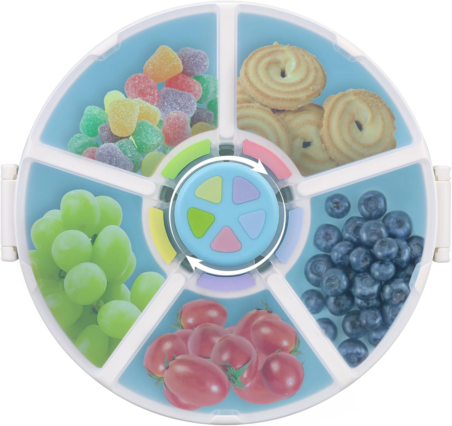 Kids Reusable Rotating Snack Container with 5 Separate Compartments, Color Matching Opening Lid, BPA/PVC-Free, Dishwasher Safe, Perfect for Travel, School Lunches & On-the-Go Snacking-Blue