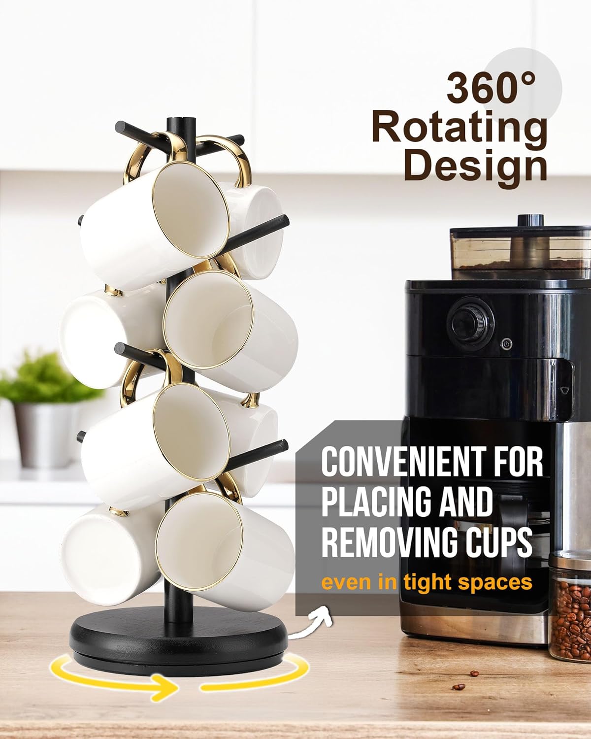 Lorbro Coffee Mug Tree, 360° Rotated Mug Holder with 8 Hooks, Wooden Coffee Cup Holder Rack Stand Accessories for Countertop Kitchen Decor Organizer