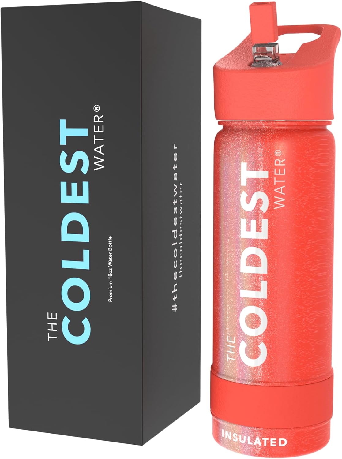 Coldest Insulated Water Bottle with Straw Lid - Stainless Steel Metal Insulated Bottle for Men & Women (Mars Red Glitter, 18 oz)