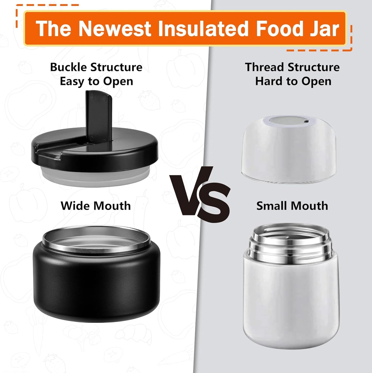 13.5oz Kids Jar for Hot Food, Insulated Vacuum Food Jar with Buckle Lid, Stainless Steel Wide Mouth Leak Proof Insulated Lunch Container for School Picnic Travel, Black