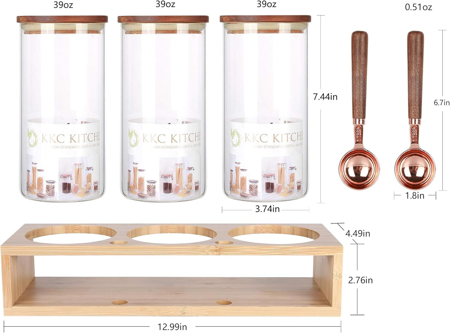 KKC HOME ACCENTS Sealed Glass Food Storage Containers with Airtight Wood Lids and Scoops for Kitchen Counter,Air Tight Sealed Glass Jars for Coffee,Loose Leaf Tea,Brown Sugar,39 Fluid Ounces