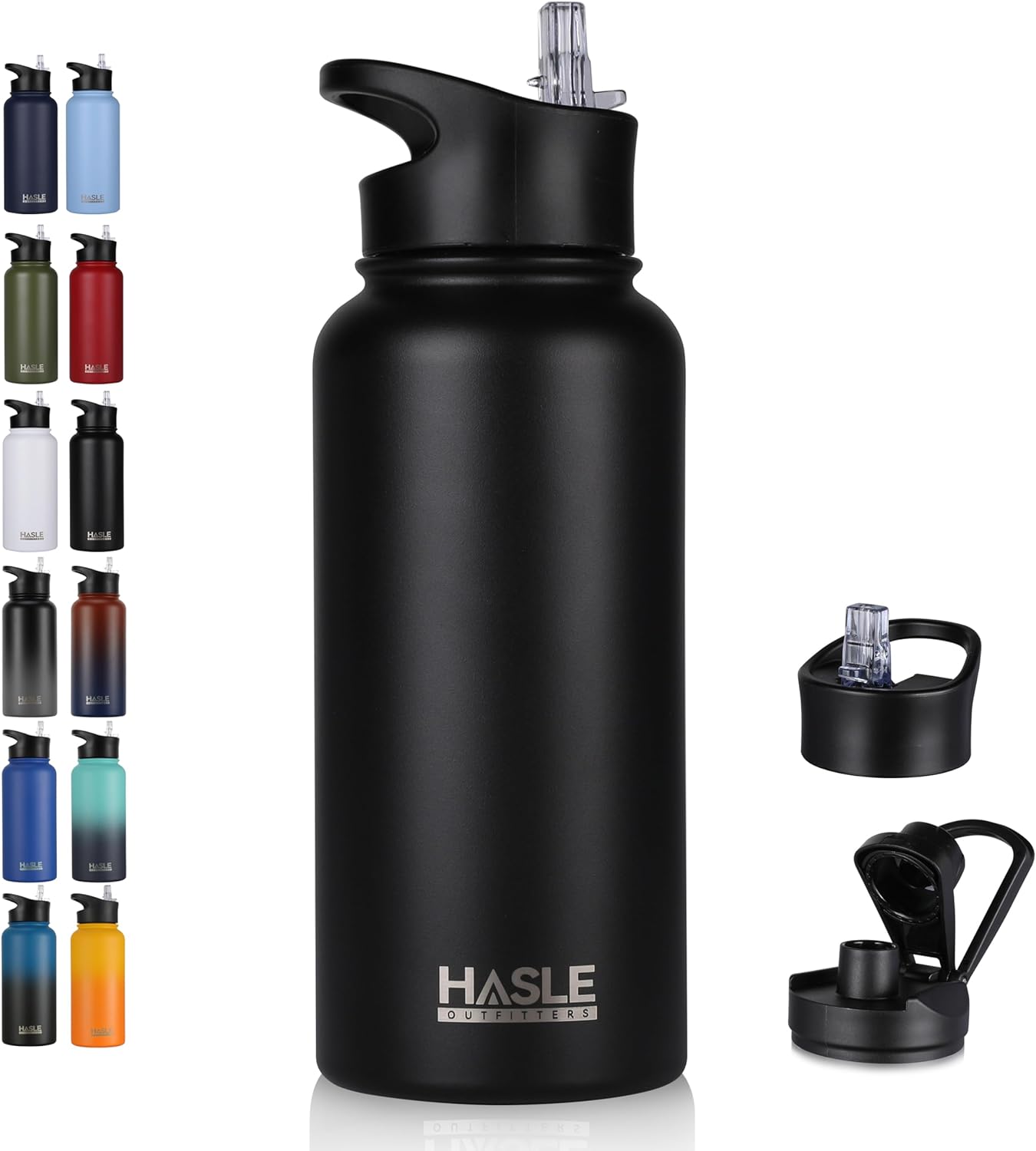 HASLE OUTFITTERS 32 oz Insulated Water Bottle Stainless Steel Double Walled Vacuum Sports Water Bottle with 2 Lids (Straw and Spout Lid) for Gym Camping Hiking(Black,1)