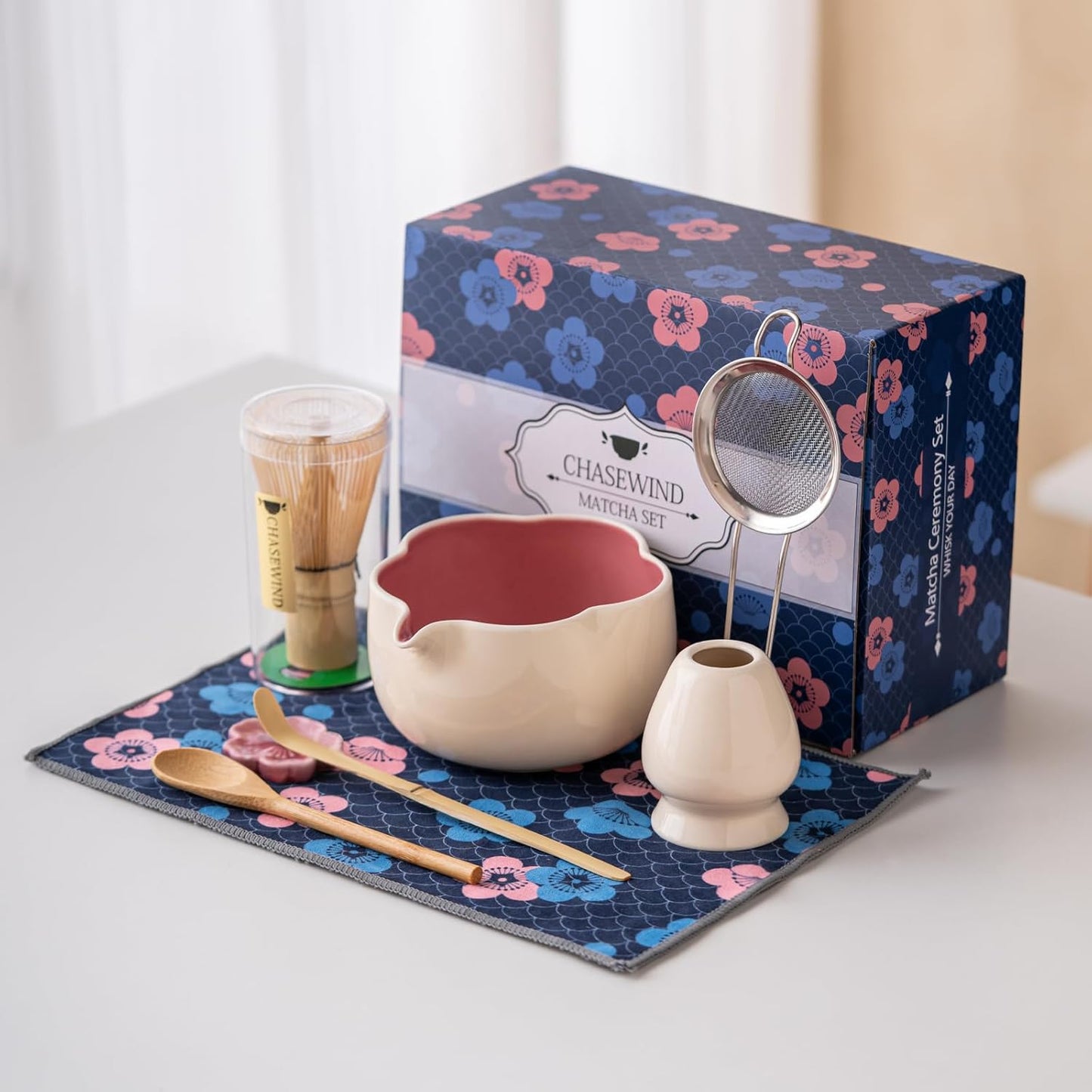 Matcha Whisk Set, 8Pcs Floral Ceramic Matcha Set with Matcha Whisk, Holder, Scoop, Scoop Rest, Sifter, Spoon and Tea Towel - Thoughtful Matcha Whisk Gift for Matcha Lovers (Beige & Pink)