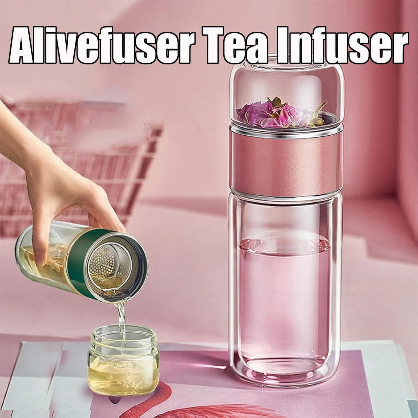 Tryteava Glass Infuser, Tryteava 3-in-1 Smart Tea Infuser, Portable Glass Double Wall Tea Infusers Bottle, with Stainless Steel Filter, Hot & Cold Brew, For Loose Leaf, Office Home (Black, 350ml)