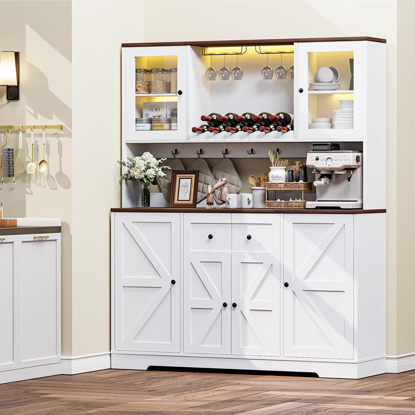 68" Tall Kitchen Pantry Storage Cabinet with Charging Station, 55" Wide Kitchen Hutch Cabinet with Large Countertop, Farmhouse Buffet Cabinet with Wine Holder & Wine Rack for Dining Room, White