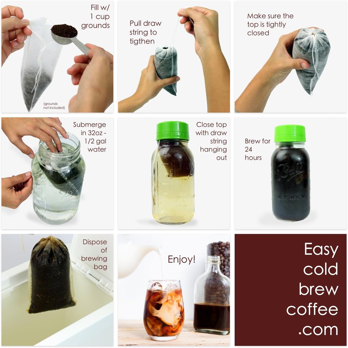 No Mess Cold Brew Coffee Filters - Easy, Single Use Filter Sock Packs, Disposable, Biodegradable Fine Mesh Brewing Bags for Concentrate, French/Cold Press Kit, Hot Tea in Mason Jar or Pitcher