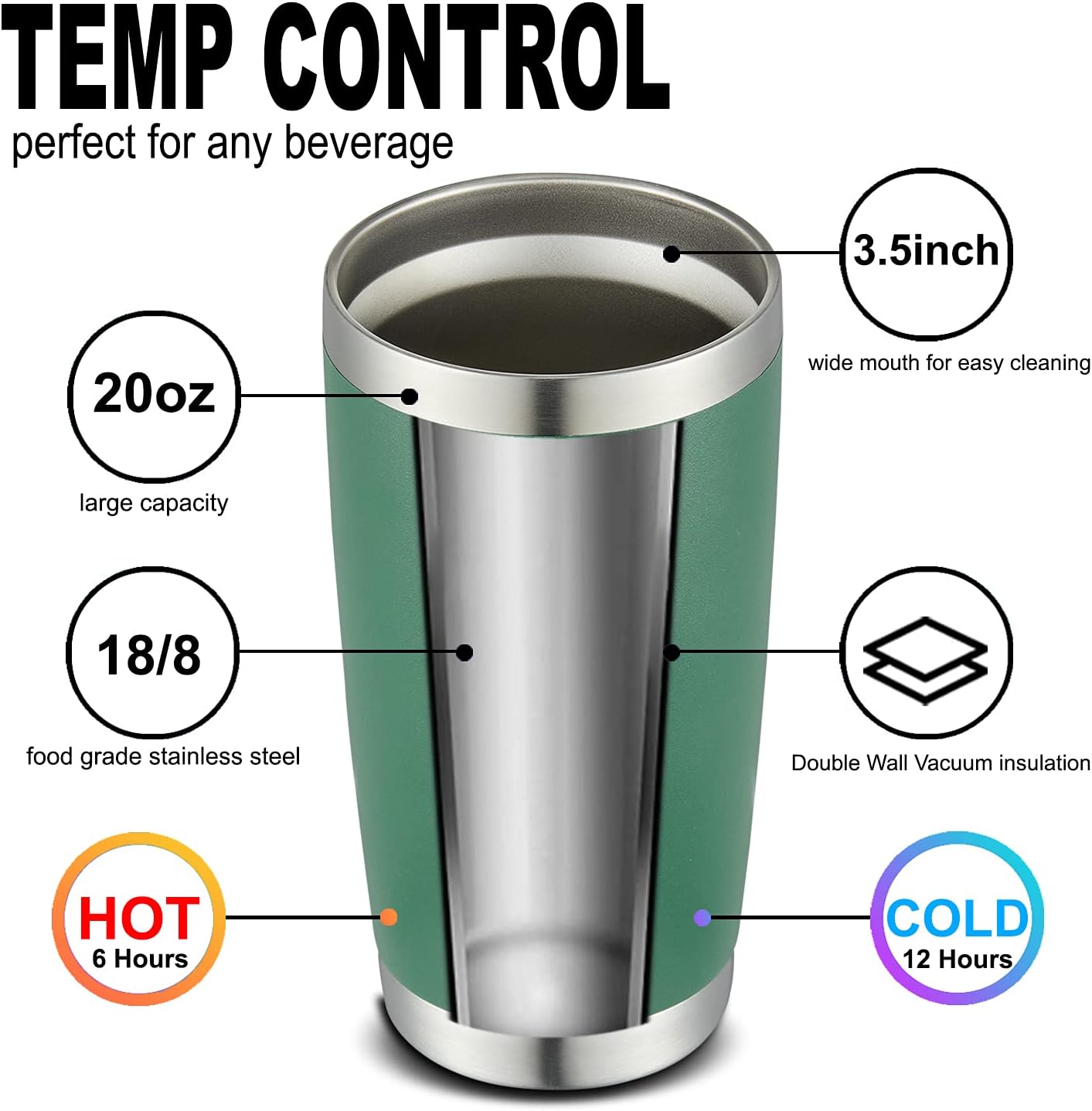 COMOOO 20oz Double Wall Vacuum Insulated Travel Mug Bulk Stainless Steel Tumbler with Lid and Straw Durable Powder Coated Insulated Coffee Cup for Cold & Hot Drinks Green 12 pack