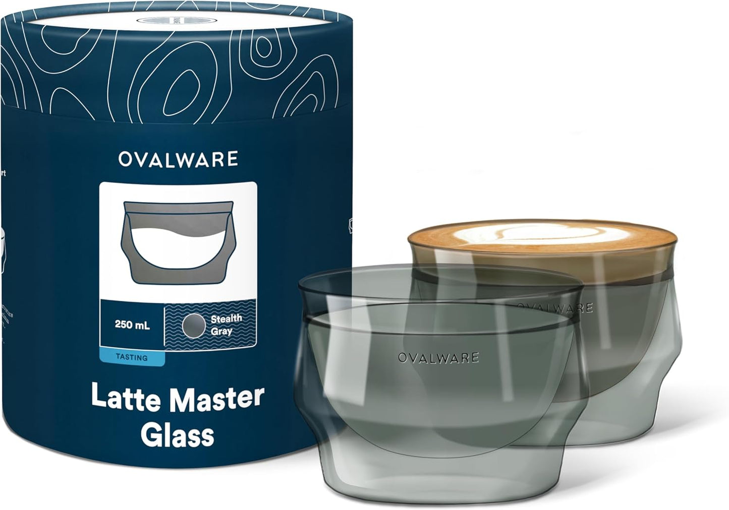 ovalware 8.5oz Double Wall Latte Cups, Latte Set of 2 - Latte Glasses for Cold & Hot Drink, Palm-Sized Cups with Wide Rim for Artistic Designs - Stealth Gray