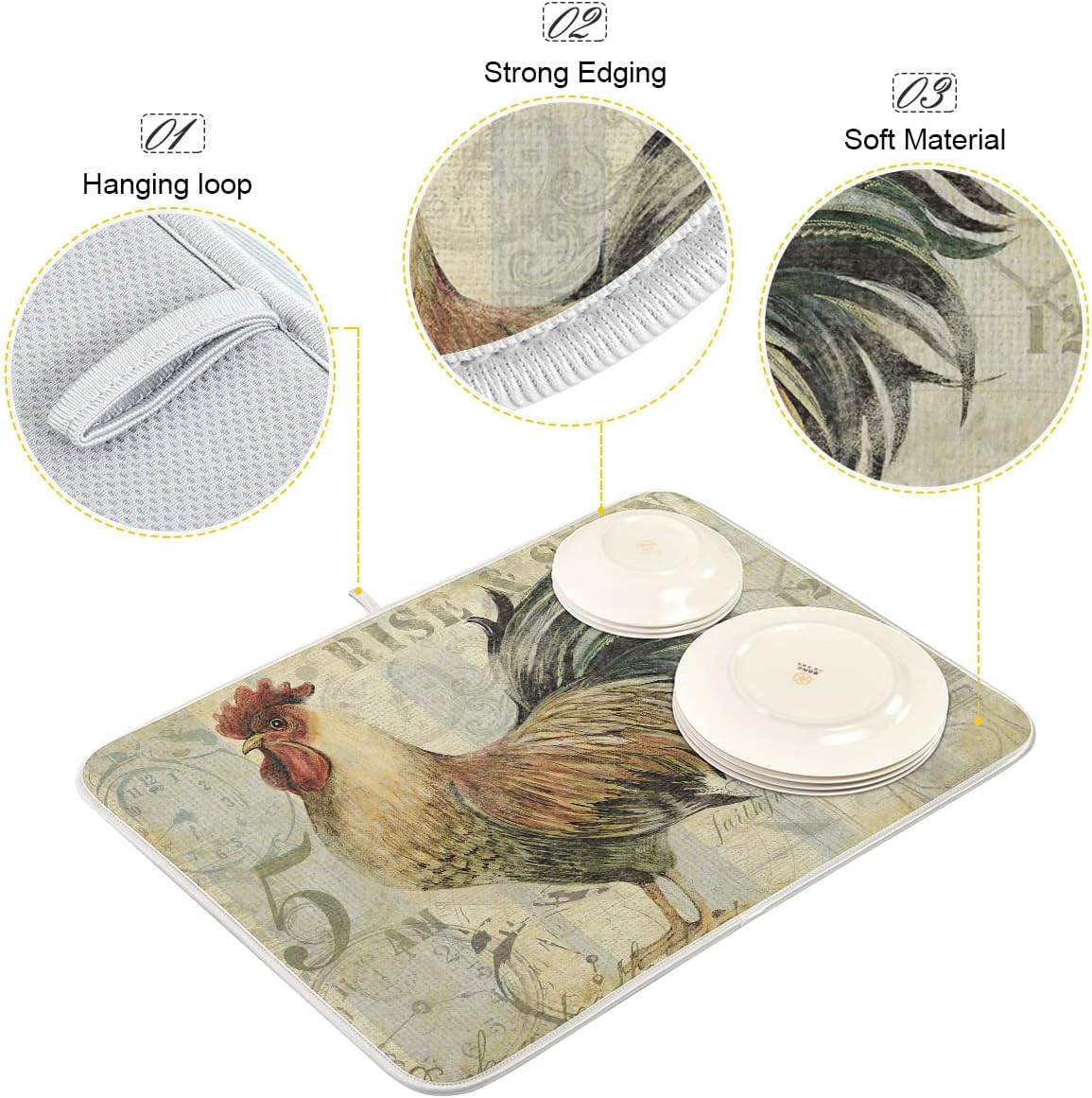 Farmhouse Rooster Dish Drying Mat 16 x 18 Inch with Hanging Loop High Absorbent Reversible Microfiber Dish Drying Pad Dish Rack Pad Drainer Mat for Kitchen Counter Coffee Bar