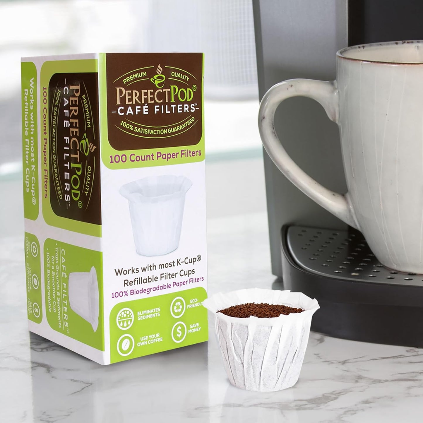 Cafe Filters Paper Liners for Reusable K Cup Coffee Pods by Perfect Pod - Fits All Brands, Compatible With All Refillable Capsules - Disposable Paper Filters (400-Ct)