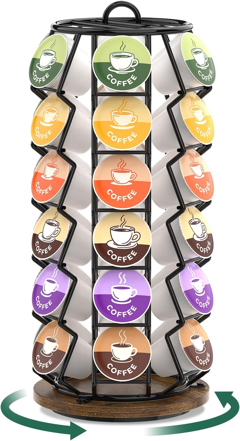 EsLuker.ly K Cup Coffee Pod Holder Organizer Carousel for Counter, Rotating Metal Rack Stand Small for 36 Pods Home Office Kitchen Storage, No Assembly Required, Black