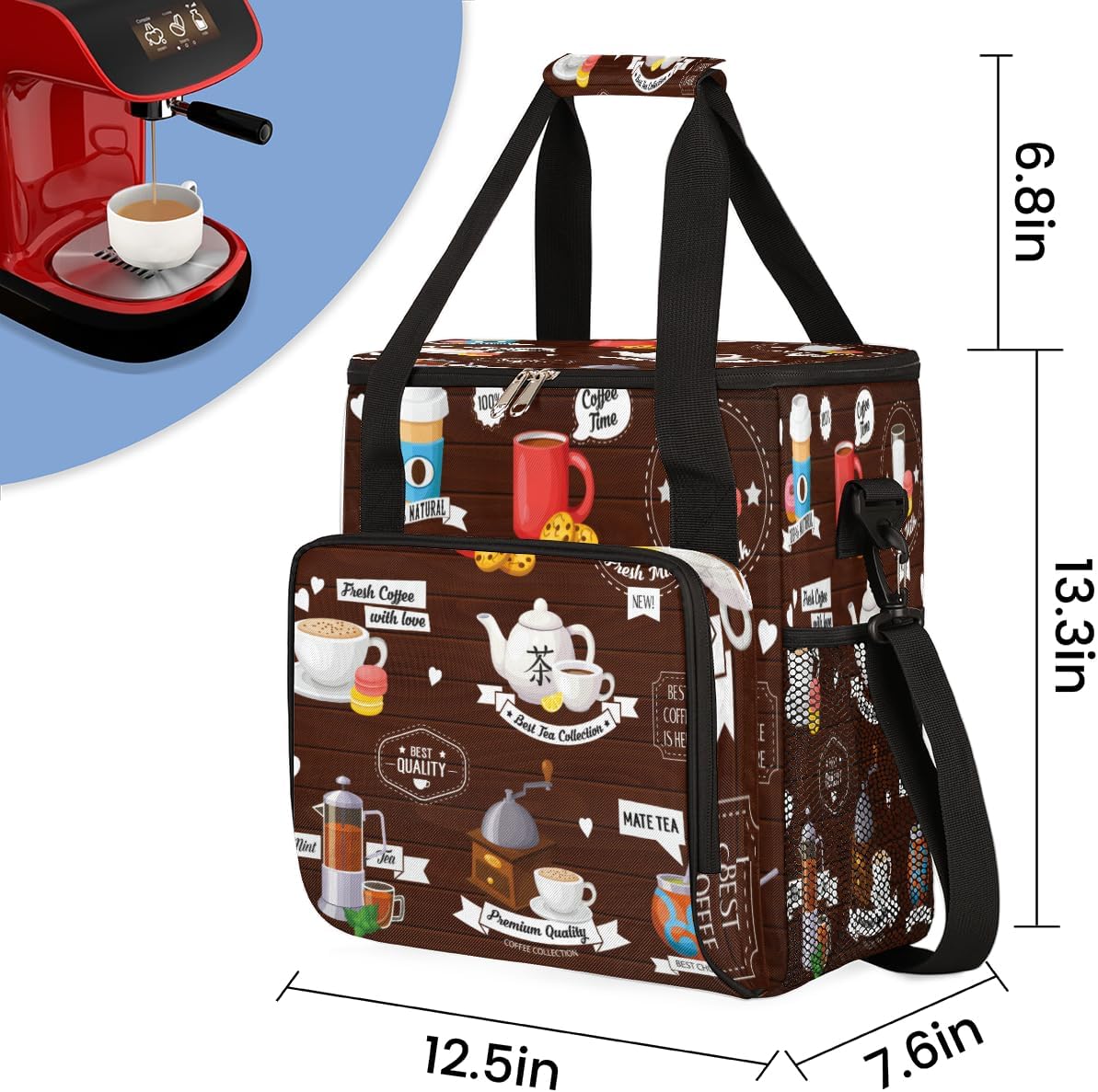 Coffee Culture Maker Carring Bag Cafe Travel Carrying Storage Tote Compatible with Keurig K-Mini or Plus Portable Single Serve Brewer Case Pockets for K-cup Pods
