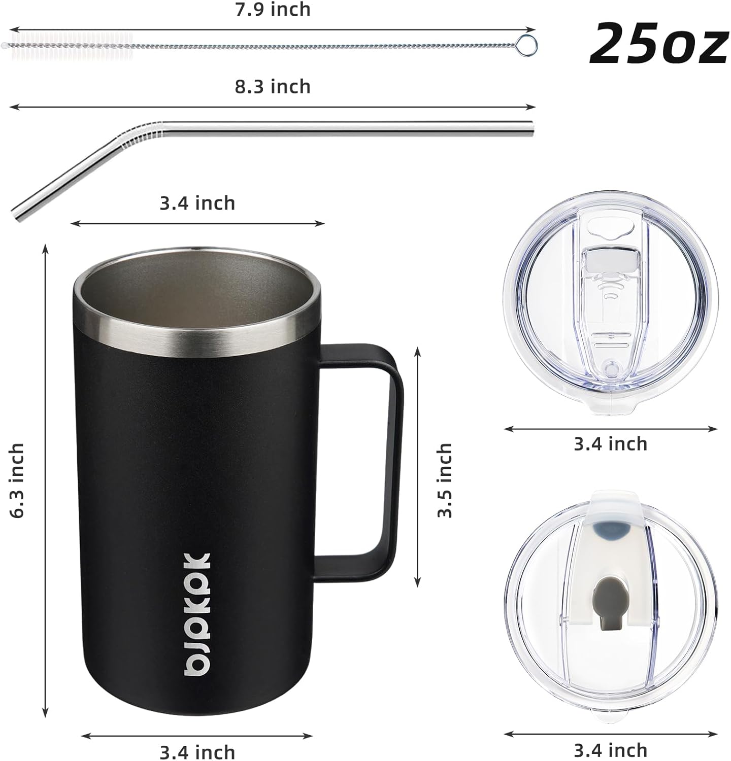 BJPKPK Insulated Coffee Mug with 2 Lids, 25oz Stainless Steel Insulated Tumbler with Handle, Double Wall Vacuum Coffee Cups, BPA Free Travel Mug for Coffee, Tea and Drinks, Black