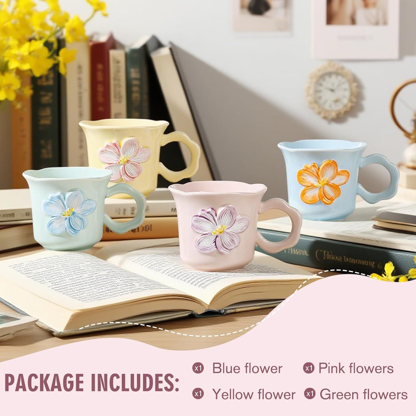 Cute Floral Coffee Mug Set of 4-12oz Ceramic Flower Embossed Cups with Petal Handles, Dishwasher and Microwave Safe