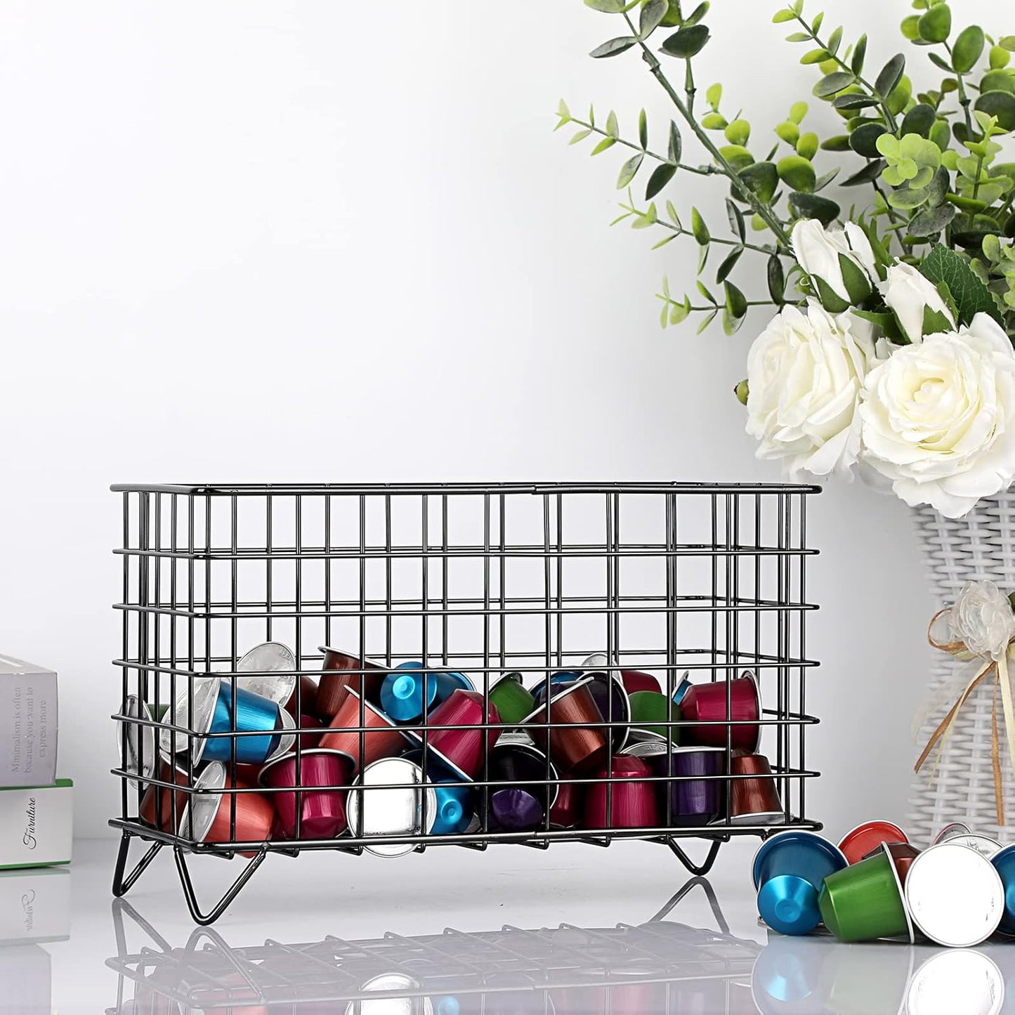 ELLDOO Coffee Pod Holder, Large Capacity Coffee Pod Organizer for K Cup Keuring Espresso Capsule Coffee Creamer, Metal Coffee Pod Storage Basket for Kitchen, Coffee Bar Decor (Black, Large)