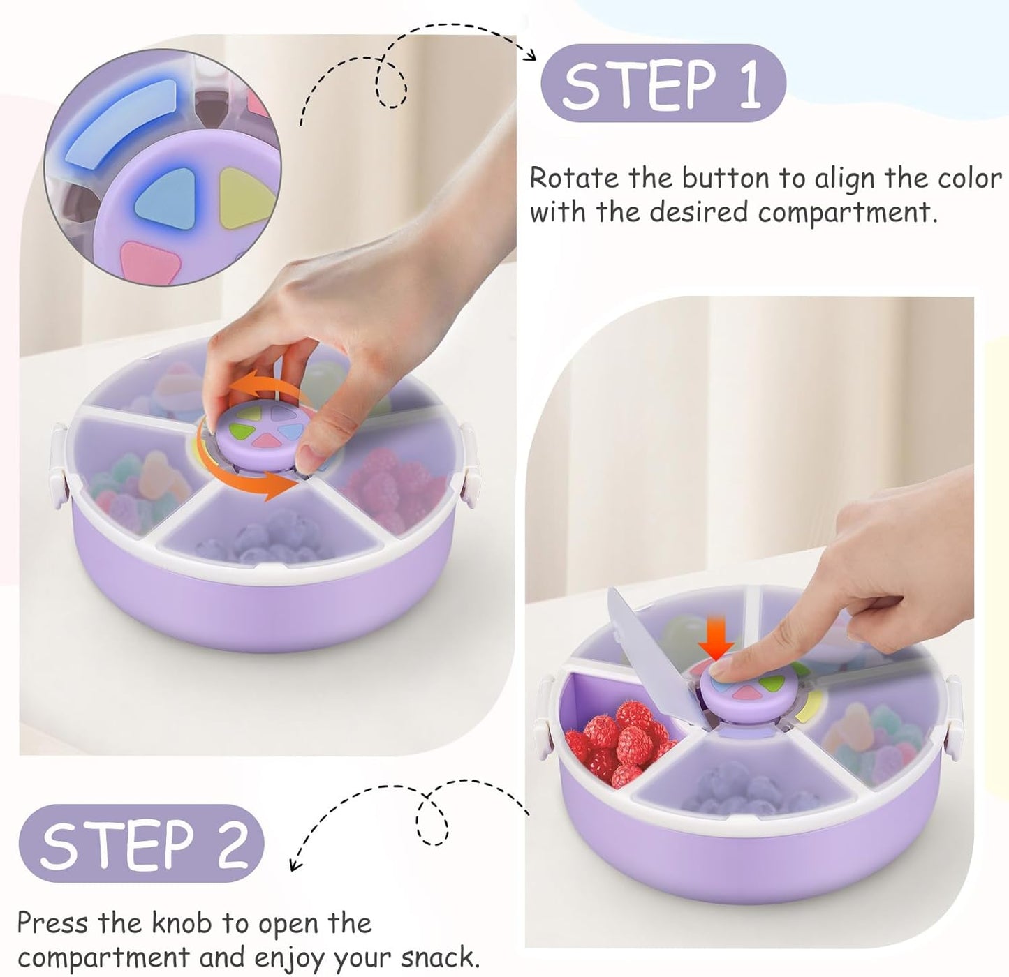 Kids' Rotating Snack Container Set – 2-Pack, Includes 1 Rotating Snack Container & 1 Round Sectioned Snack Box, BPA-Free, Dishwasher Safe, Perfect for Travel-Purple