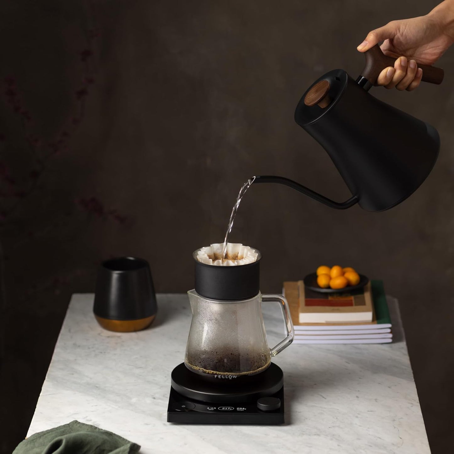 Fellow Stagg EKG Pro Electric Gooseneck Kettle - Pour-Over Coffee and Tea, Quick Heating, Precise Temperature Control, Scheduling, Built-in Brew Timer, Matte Black with Walnut Wood Handle, 0.9 Liter