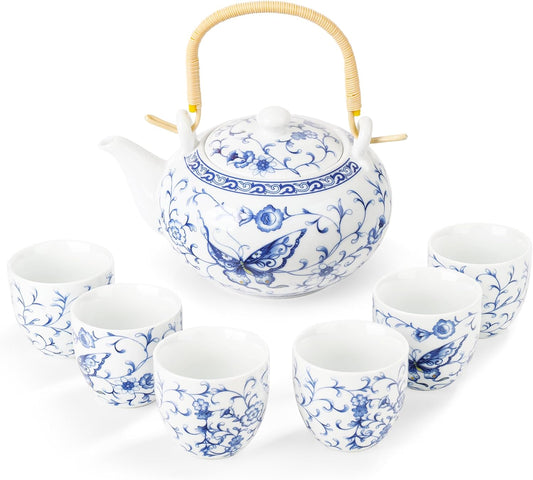 fanquare Chinese Blue and White Porcelain Tea Set with 1 Teapot Set, 6 Tea Cups, Butterfly Pattern Asian Japanese Tea Sets for Adults