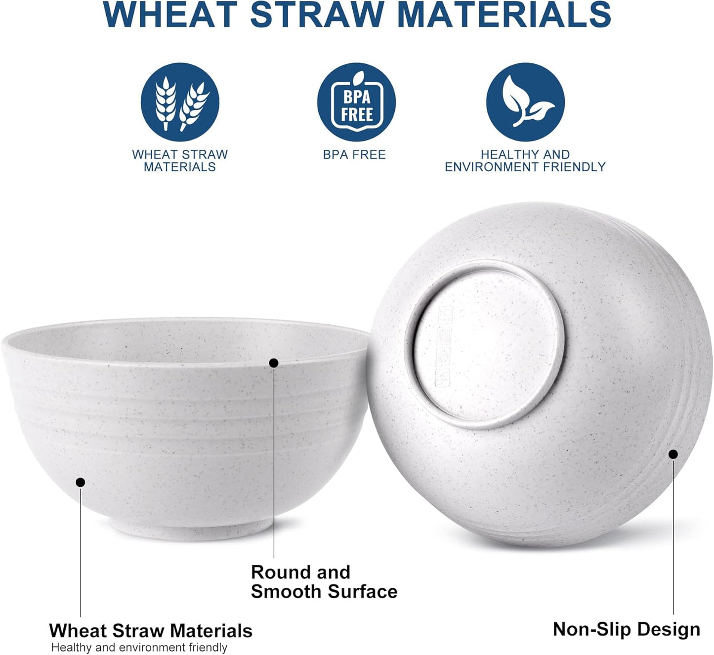 HOTEC Unbreakable Wheat Straw Cereal Bowls - Microwave & Dishwasher Safe Soup and Salad Bowls BPA Free, Set of 8, 26oz, White