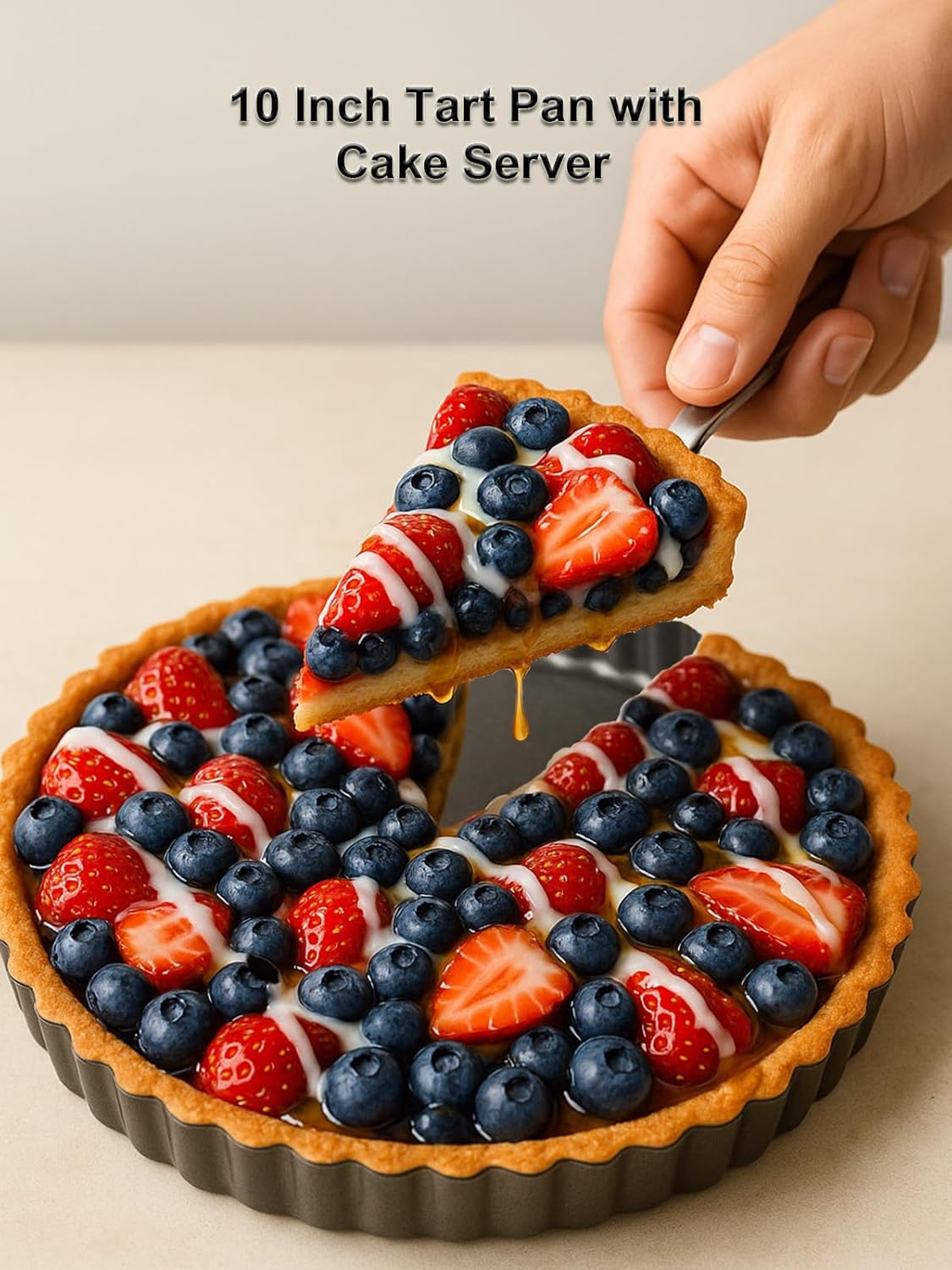 10 Inch Round Quiche Pans with Pie Cake Server. Removable Bottom, Non-Stick Coating, Rugged Carbon Steel for Tart Quiche Pie Baking. Gift for Women Wife Christmas Thanksgiving Party Festival