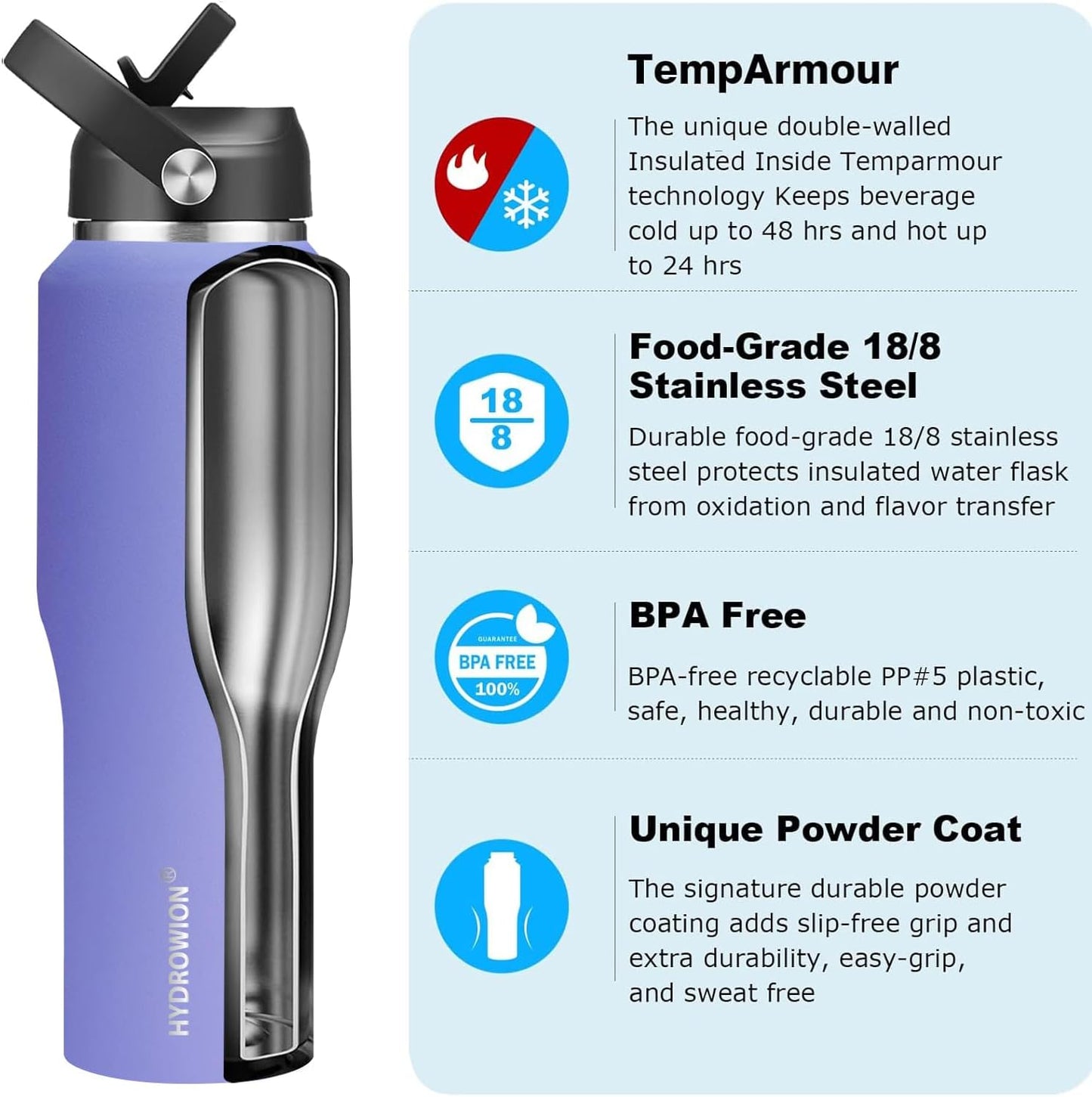 HYDROWION Water Bottle Stainless Steel,Vacuum Insulated Leak Proof Tumbler 32oz with Straw Lid, Spout Lid and Flex Cap(Cold for 48 Hrs, Hot for 24 Hrs), Fit in Any Car Cup Holder, Purple