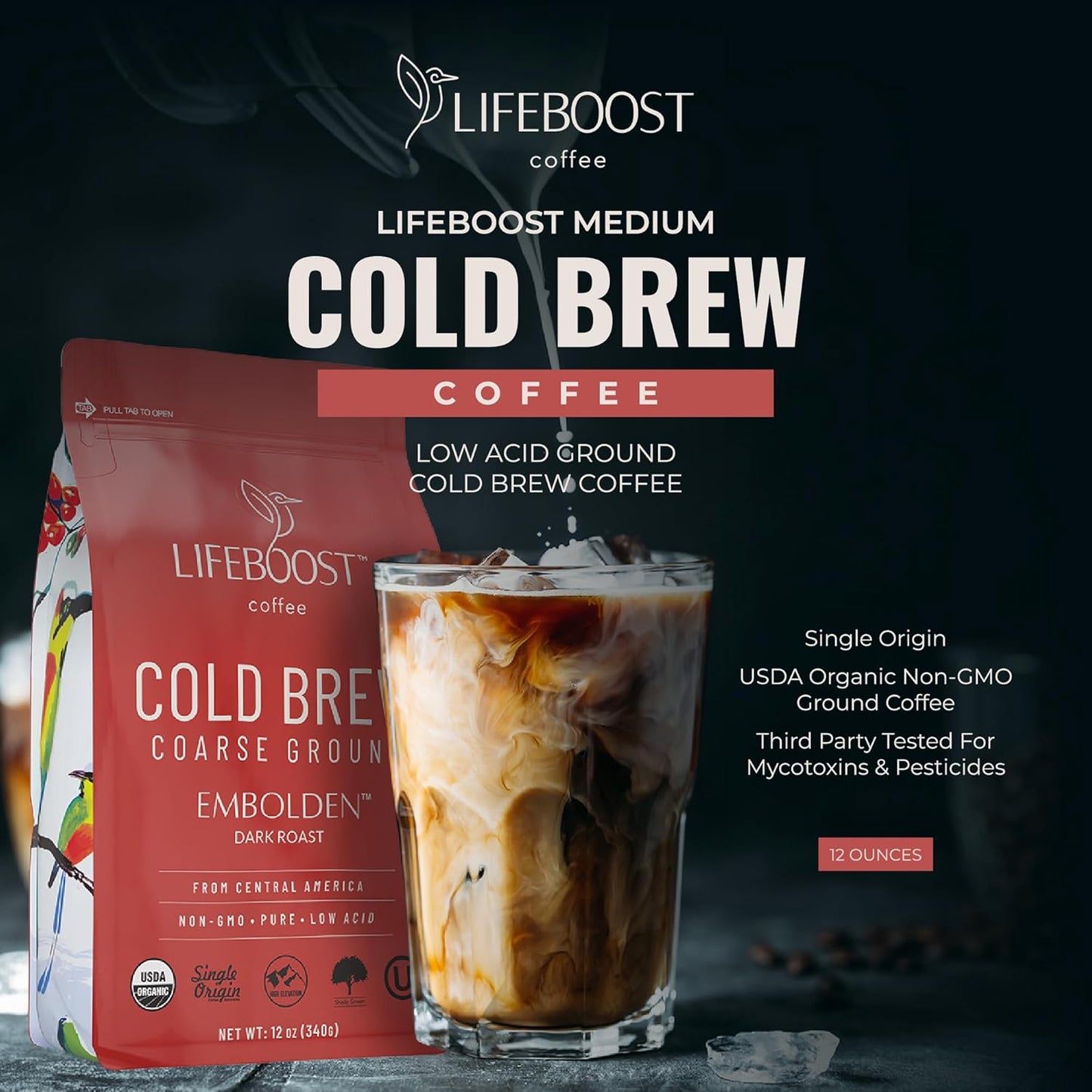 Lifeboost Dark Cold Brew Coffee - Single Origin Non-GMO USDA Organic Low Acid Coarse Ground Coffee for Cold Brew - 3rd Party Tested For Mycotoxins & Pesticides - 12 Ounces