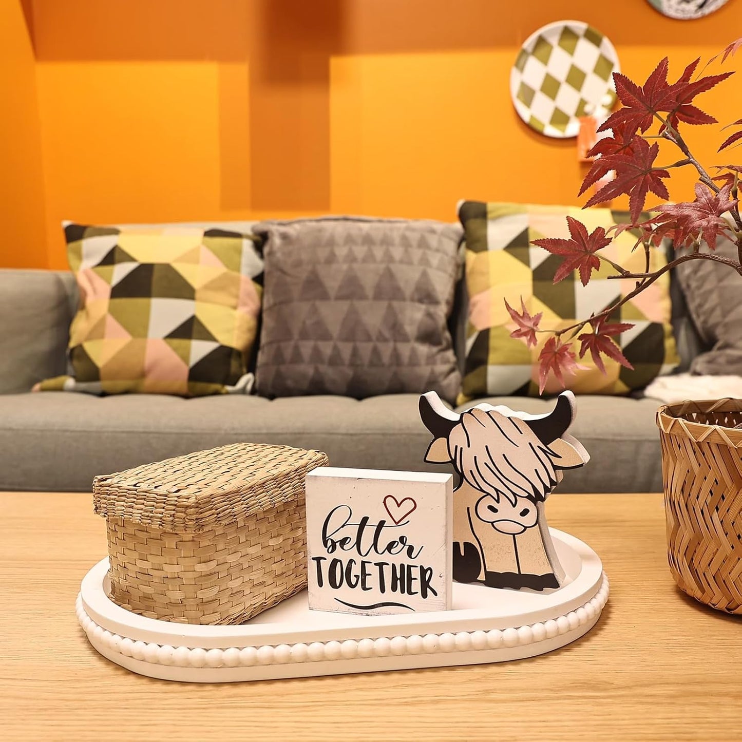 Oval Wood Serving Tray with Wooden Beads, Outdoor Farmhouse Decorative Tray for Ottoman, Coffee Table, Kitchen Counter Organizer, Home Decor(White)