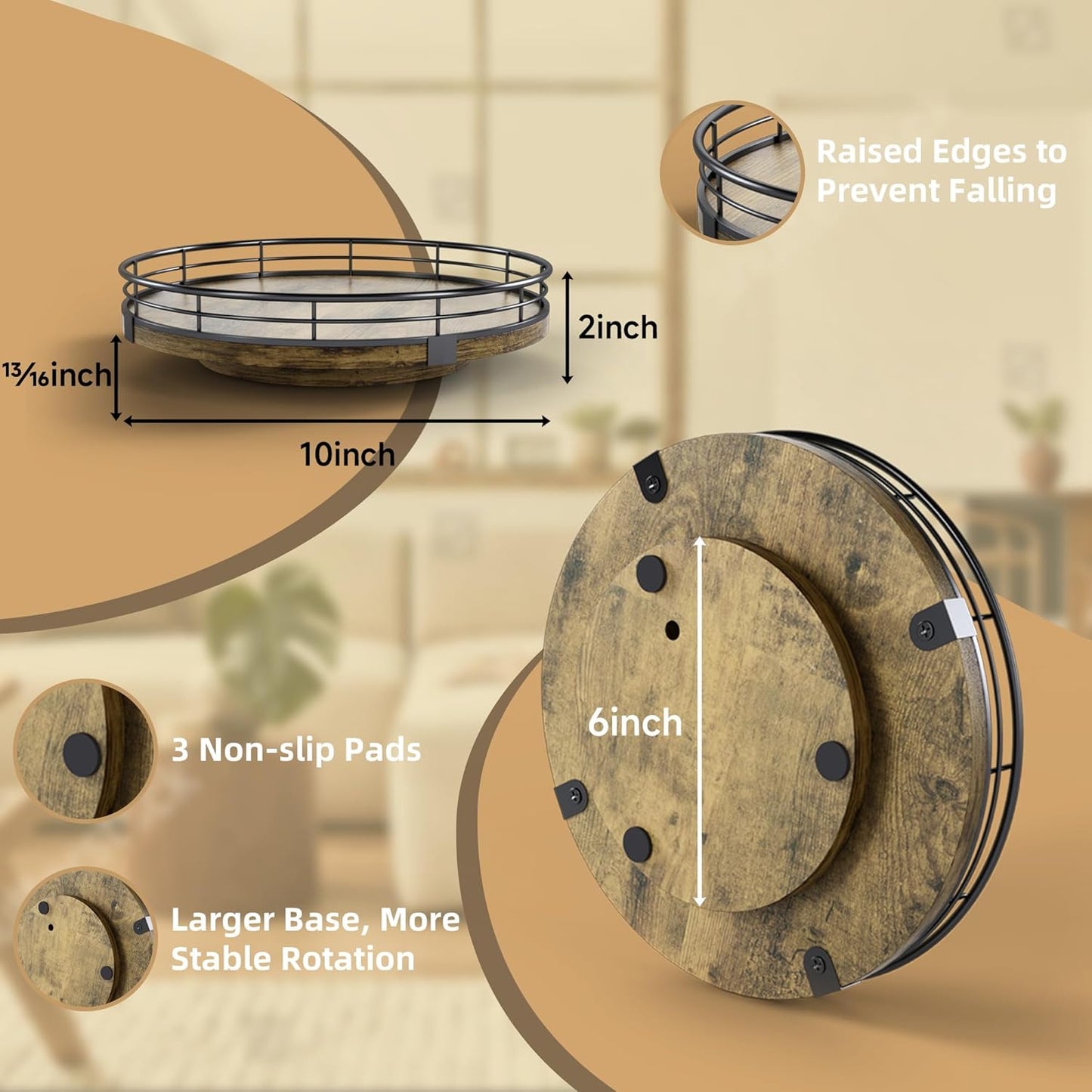 Lazy Susan Turntable Organizer for Table Top, 10’’ Round Wooden Lazy Susan for Cabinet Kitchen Countertop Pantry Dining Coffee Table for Condiments Spices, Rustic Bathroom Vanity Tray for Soap Candle