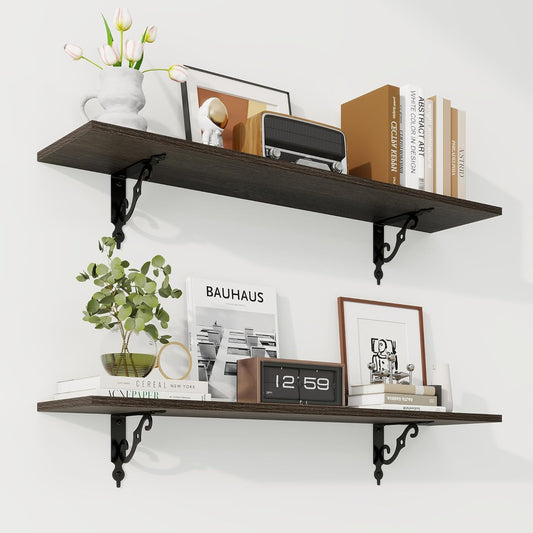 RICHFOCUS Floating Shelves for Wall Decor, 35.4W x 8D Wall Shelves Set of 2, 8 Inch Deep Rustic Wood Shelves Wall Mounted with Brackets, Long Floating Shelves for Living Room Bedroom Kitchen, Black